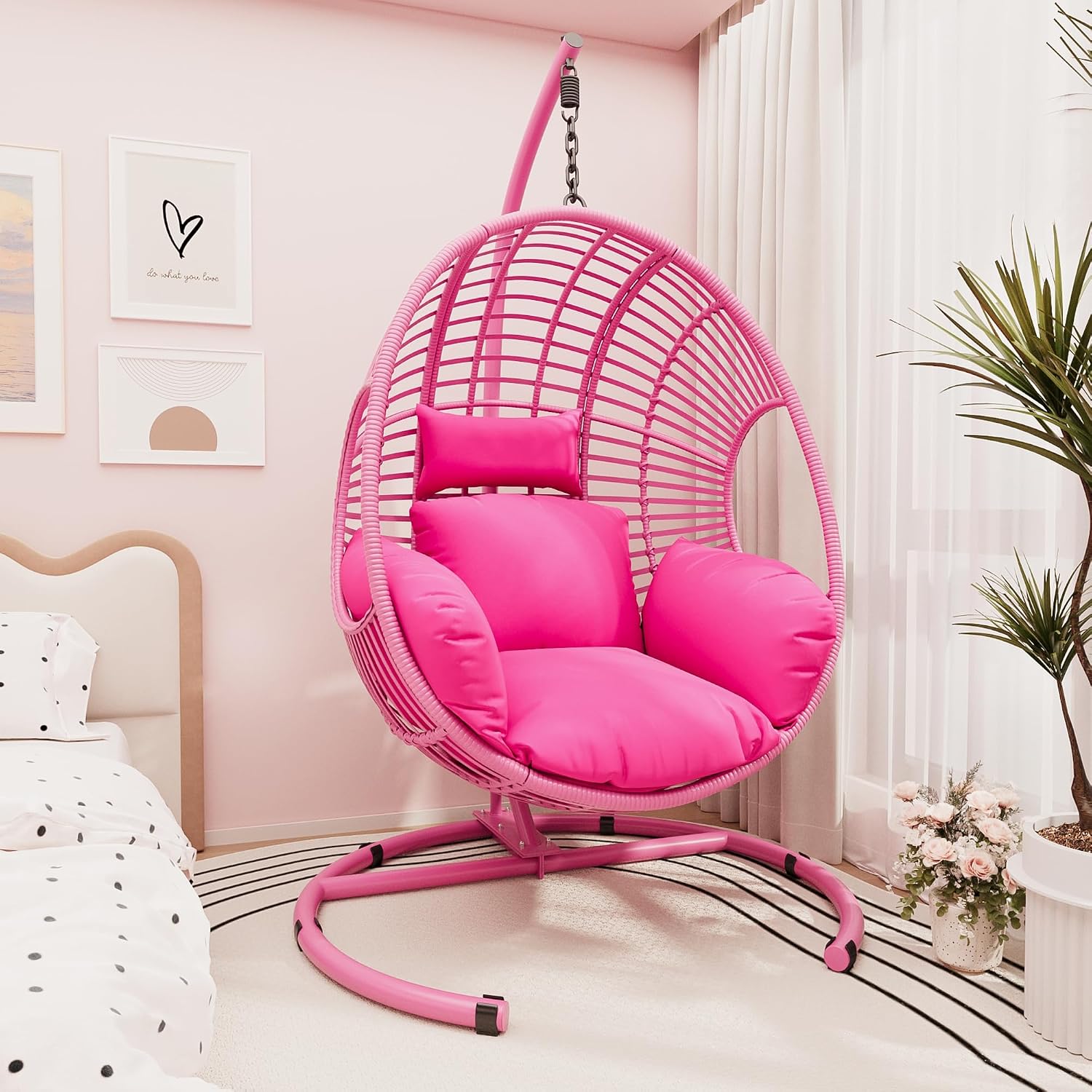 Hanging Egg Chair with Stand - Egg Swing Chair Outdoor Indoor Patio Wicker Chair Swing Hammock Egg Chairs 400lbs Capacity for Outside Patio, Bedroom, Garden and Balcony(Pink, 1PC)