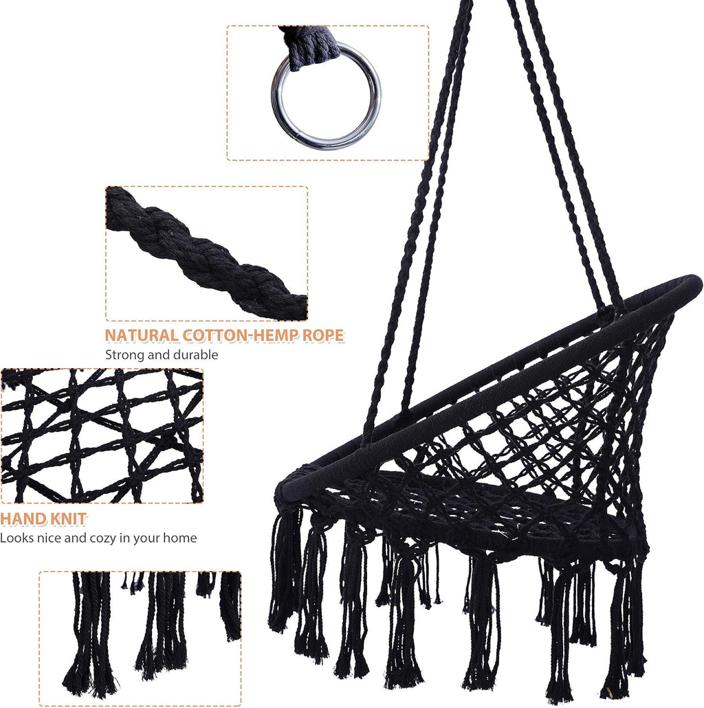 Hanging Swinging Chair, Macrame Hammock Hanging Swinging Chairs with Soft Cushions and Hardware Accessories, Hanging Chair for Indoor and Outdoor Use, 3 Installation Methods, Beige (2, Black)