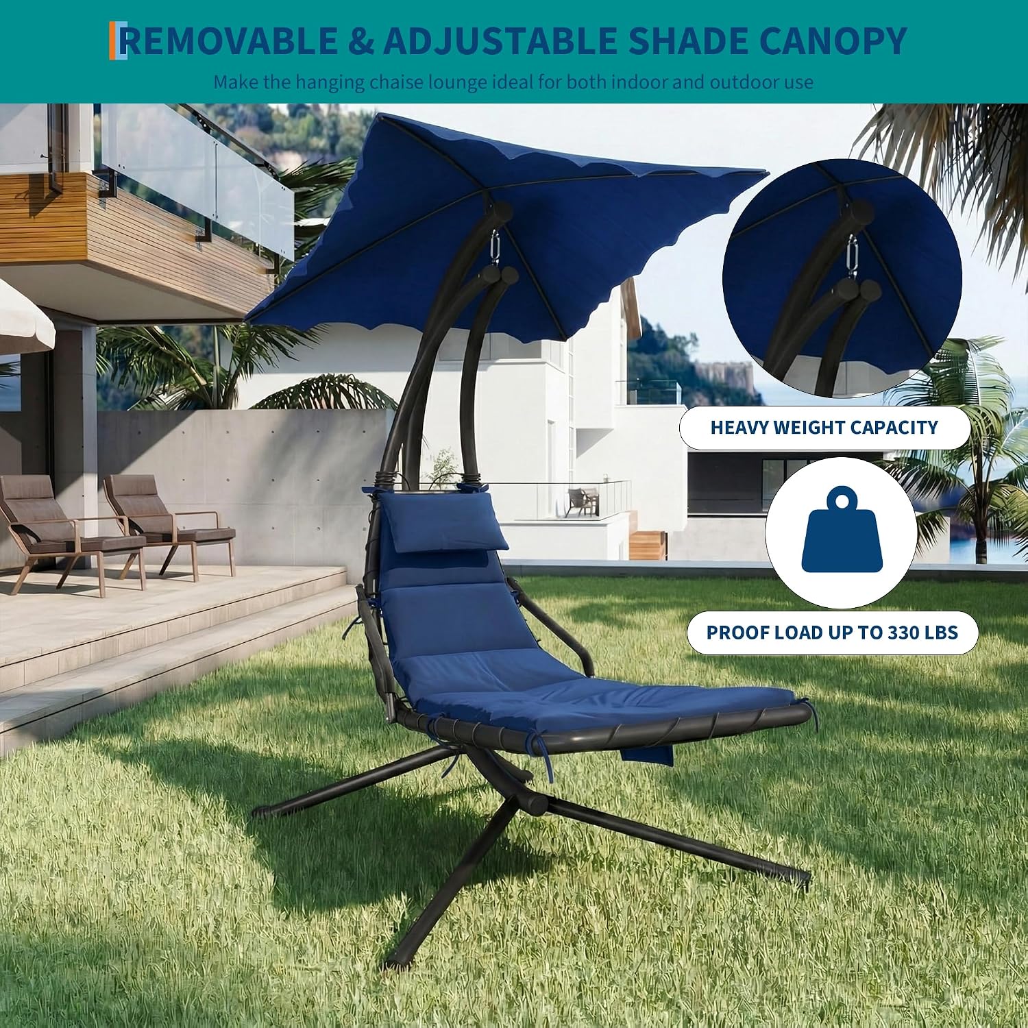 Chaise Lounger Swing Chair with Umbrella Canopy, Patio Hanging Chaise Lounger Chair with Stand, Curved Steel Outdoor Lounge Chairs for Indoor Patio Pool Garden Backyard Porch