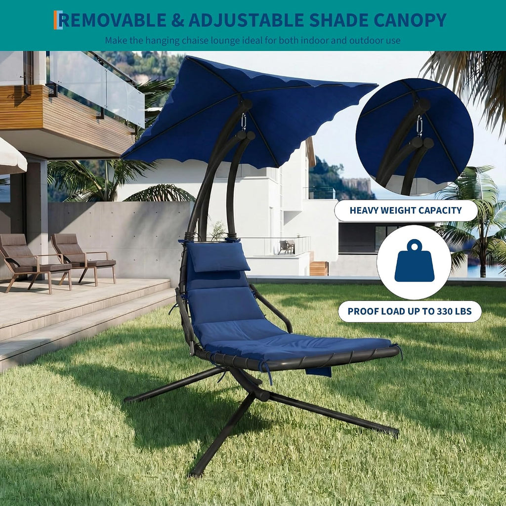 Hanging Chaise Lounge Swing Chair, Hanging Curved Chaise Lounge Chair Umbrella, Curved Steel Hammock Lounger Chairs for Outdoor Indoor Patio Pool Garden Backyard Porch