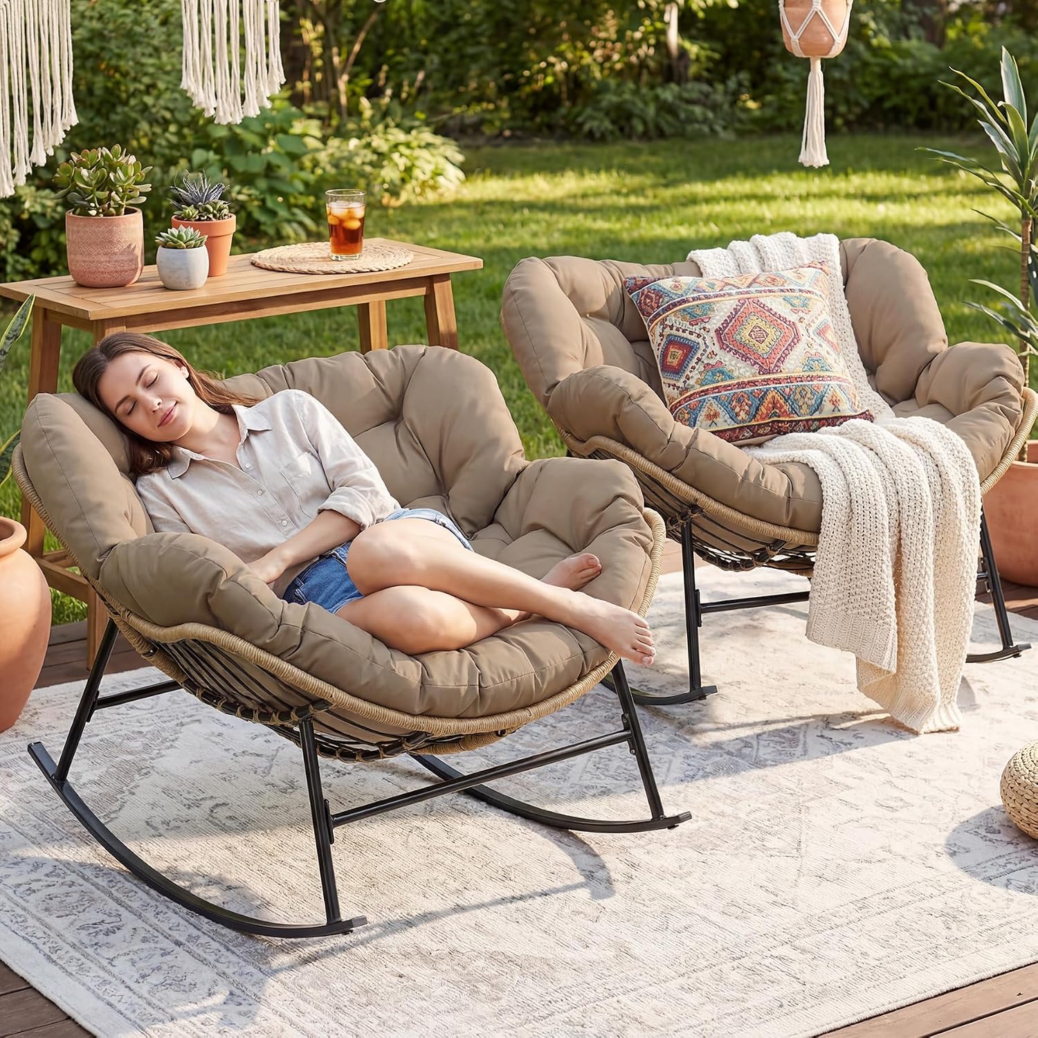 FINCATI Patio Rocking Chair Set of 2, Outdoor Indoor Oversized Papasan Chairs, 2 Person Double Wicker Egg Rockers with Padded Cushions, Comfort Lounger Funiture for Reading Relaxing Outside Bedroom