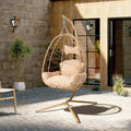Egg Chair with Stand, Wicker Hanging Chair for Outdoor Patio, Cushioned Hammock Swing for Bedroom Garden Indoor/Outdoor, Double-Zipper Structure Hanging Egg Chair (Yellow and Beige)