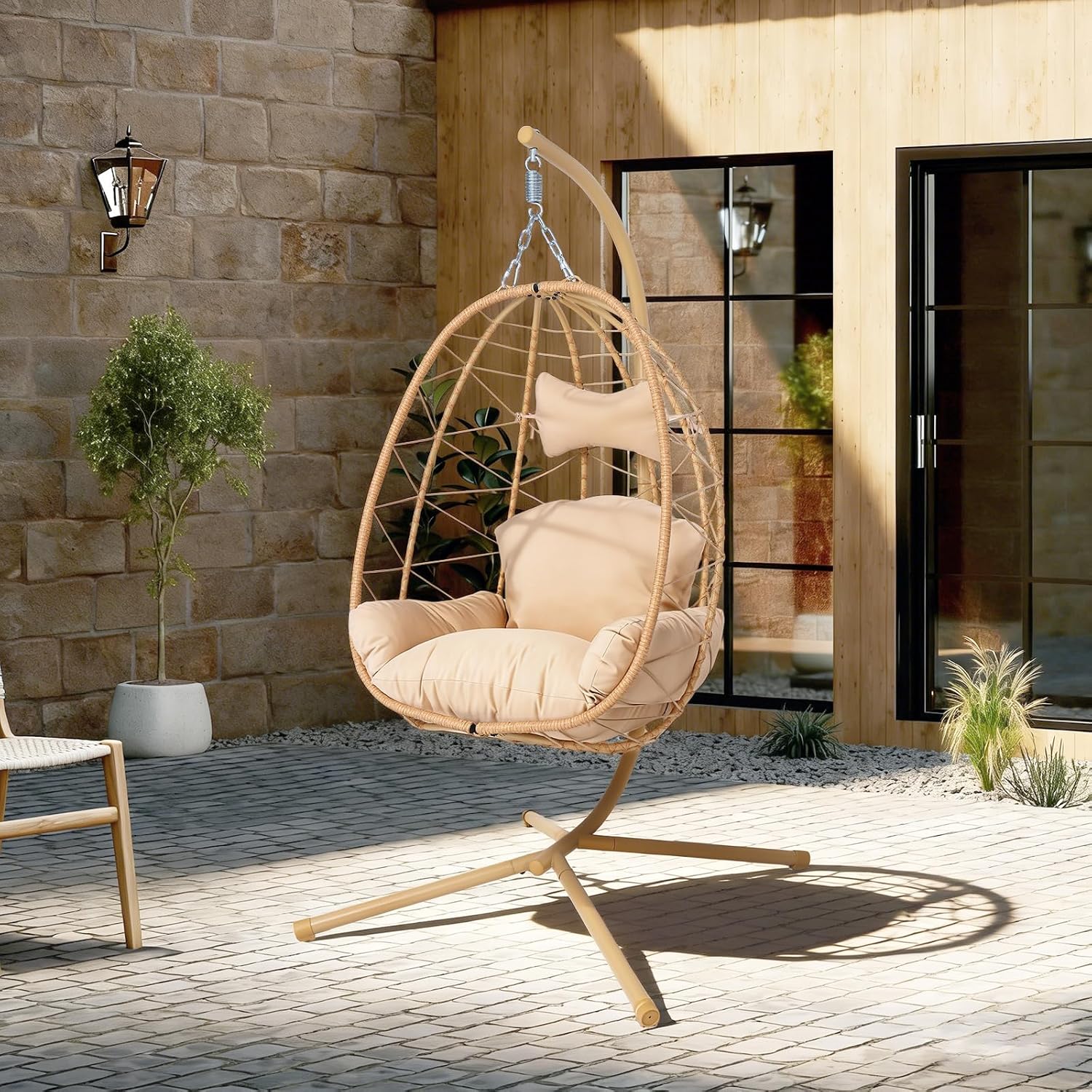 Egg Chair with Stand, Wicker Hanging Chair for Outdoor Patio, Cushioned Hammock Swing for Bedroom Garden Indoor/Outdoor, Double-Zipper Structure Hanging Egg Chair (Yellow and Beige)