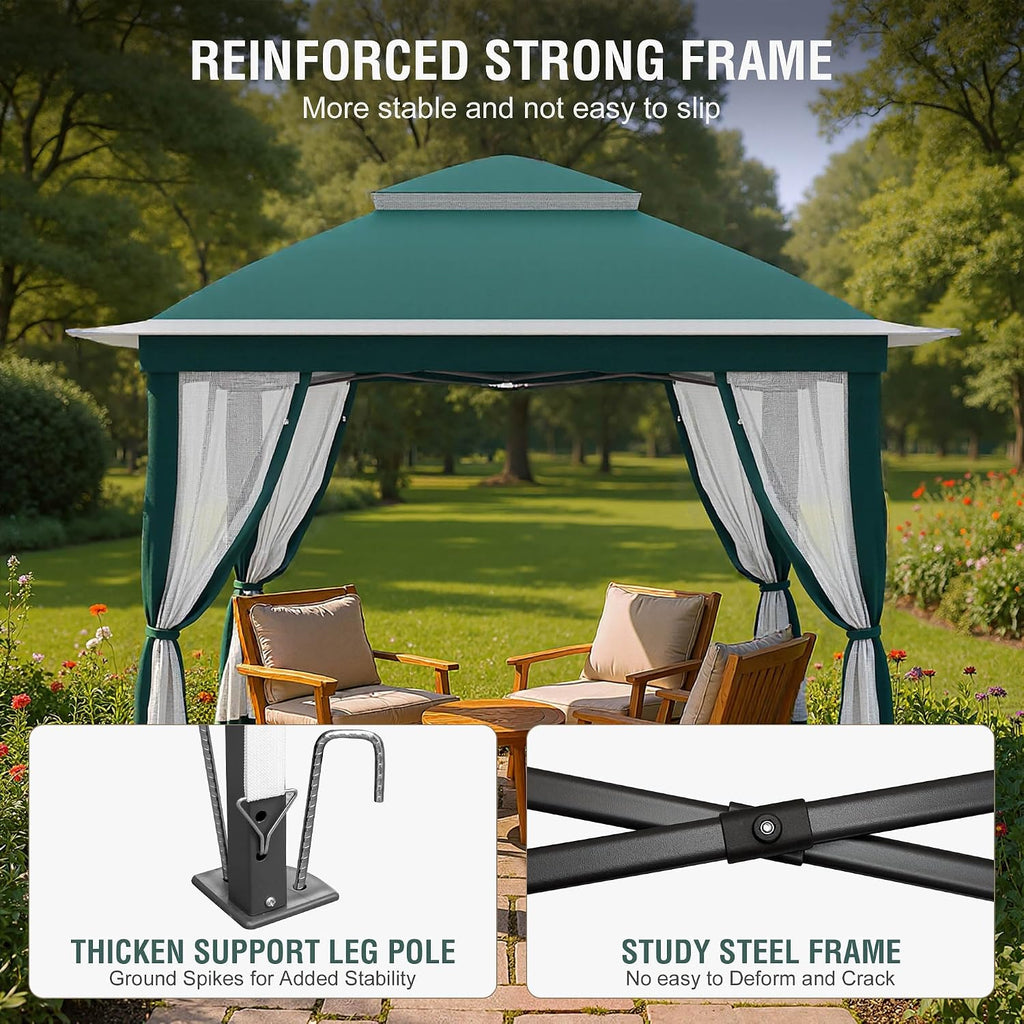 Pop Up Gazebo 11x11, Outdoor Instant Canopy Shelter Tent with Mosquito Netting Metal Frame Storage Bag for Patio Garden Backyard.(Green)