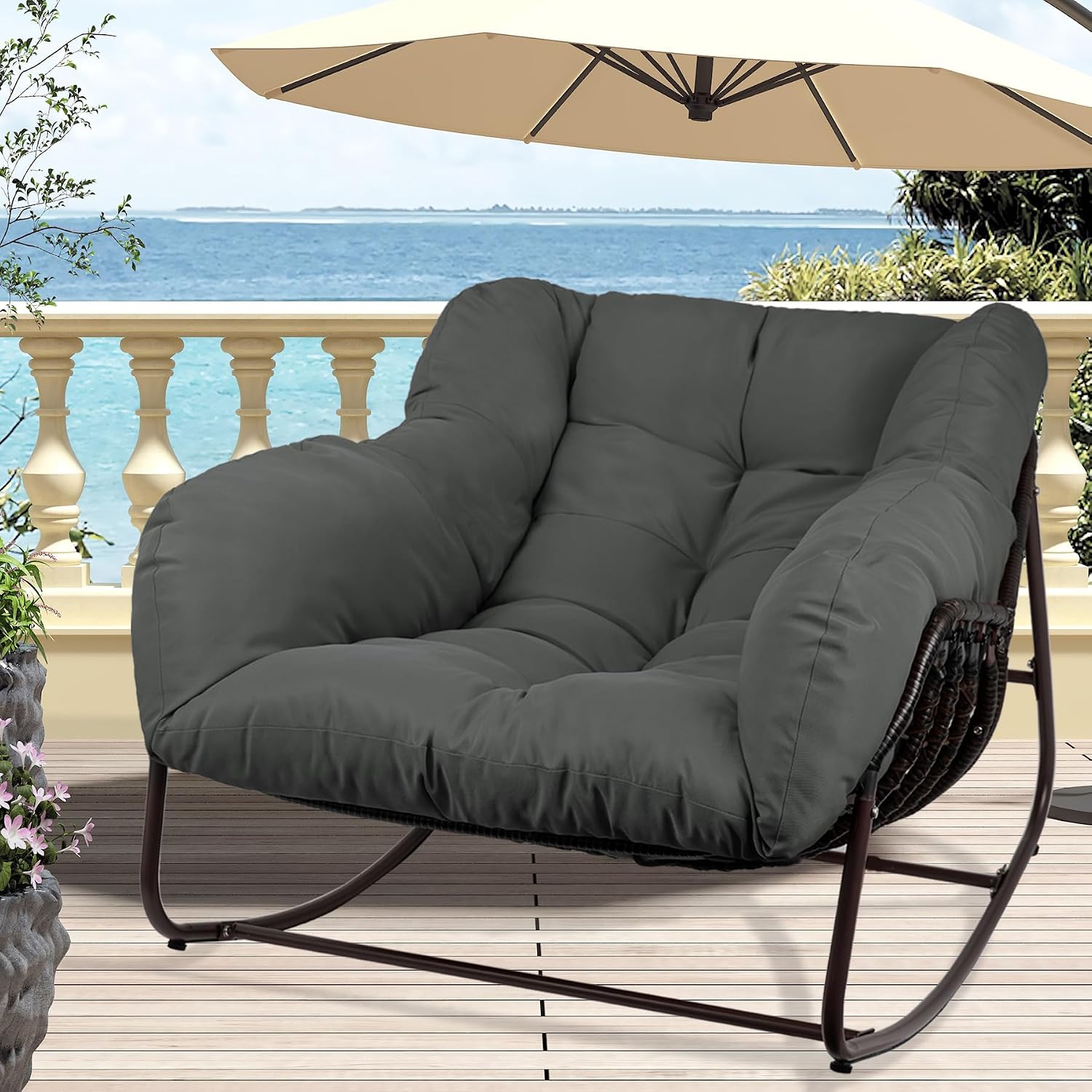 Outdoor Papasan Rocking Chair, Oversized Patio Rocking Chairs with Padded Cushion& Pillow-Comfortable Rocker Egg Chair for Front Porch, Garden, Patio, Backyard,1PC,Grey
