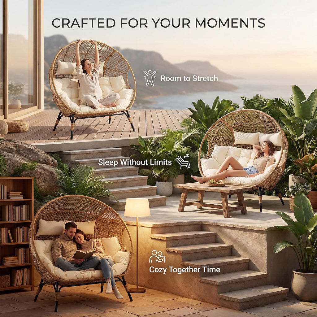 NICESOUL® Double Egg Chair Indoor Outdoor Stationary Oversized Thicken Padded Cushions,2 Person Egg Loveseat Chair, Extra Large Lounge Chair for Patio Balcony Porch Backyard Beige with Cover