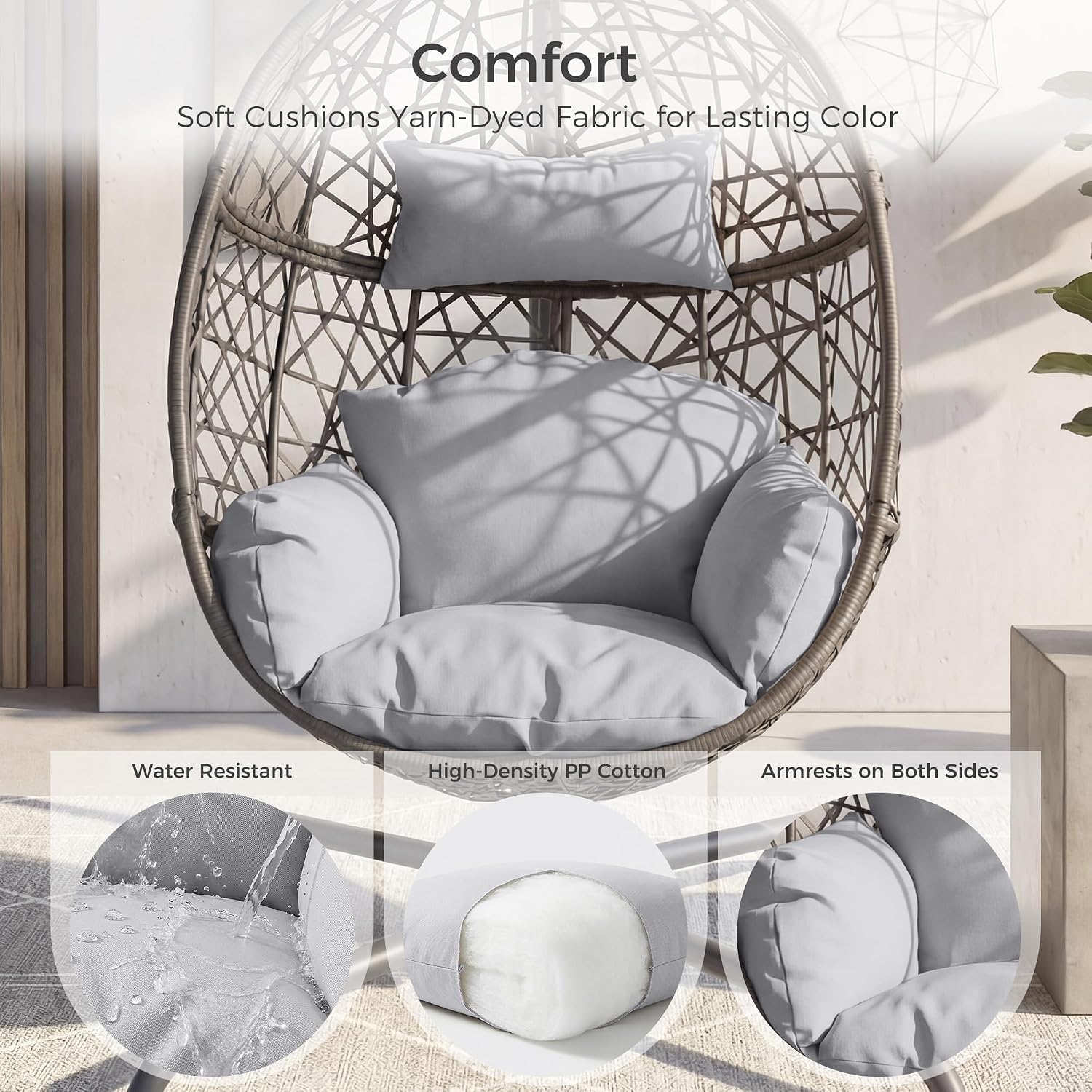 NICESOUL Egg Swing Chair Outdoor Indoor, Boho Style Bird Nest Wicker Swinging Chair with Stand, 350Lbs Comfy Hanging Hammock Chairs with Cushions, All-Weather Egg-Shape Seat for Deck, Garden, Gray