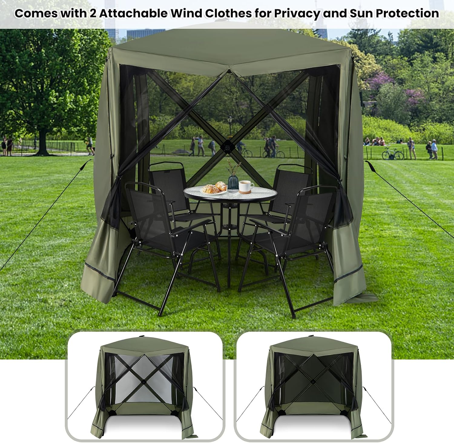 KOTEK 4 Sided Pop Up Gazebo, Outdoor Canopy Shelter with Mesh Walls, Portable Carry Bag, 2 Wind Cloth, 4 Person Screen Tent for Camping Traveling Hiking Patios Lawn Backyard, 6.7x6.7 ft (Green)