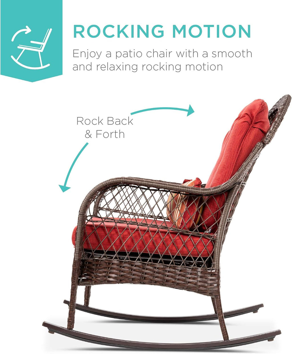 Best Choice Products Outdoor Wicker Patio Rocking Chair for Porch, Deck, Poolside w/Steel Frame, Weather-Resistant Cushions - Red