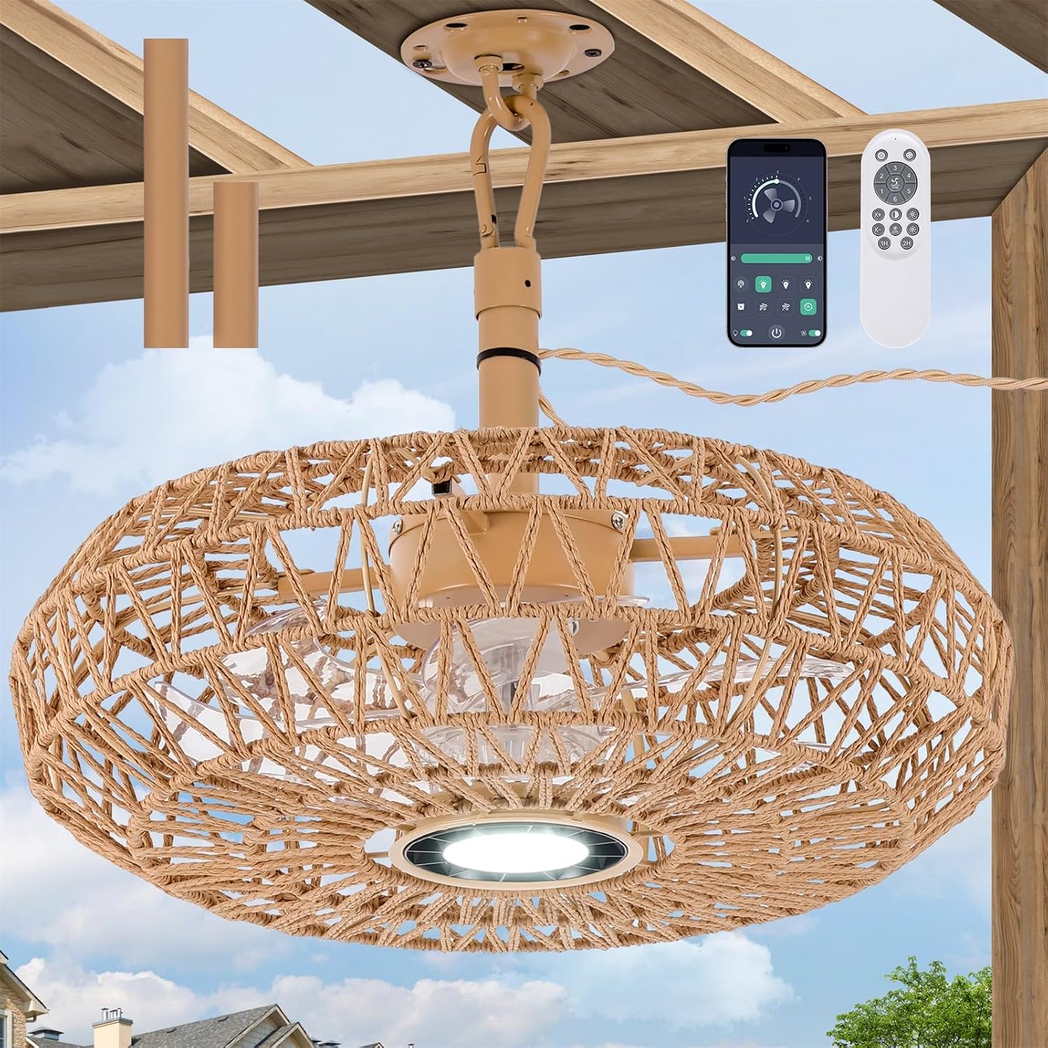 20'' Outdoor Gazebo Fan with Light, Outside/Indoor Hanging Rattan Ceiling Fan with Remote&APP Control, 3CCT Dimmable, 6-Speed DC Motor, Plug-in Wicker Woven Caged Ceiling Fans for Pergola Patio