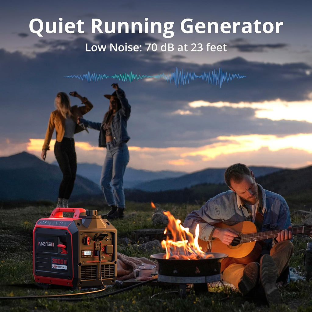 AMERISUN 3800W Gas Powered Portable Inverter Generator, Gas Generator with CO Sensor ECO Mode Digital Display, Parallel Capable EPA Compliant Long Runtime for Camping Tailgating Home Quiet Lightweight