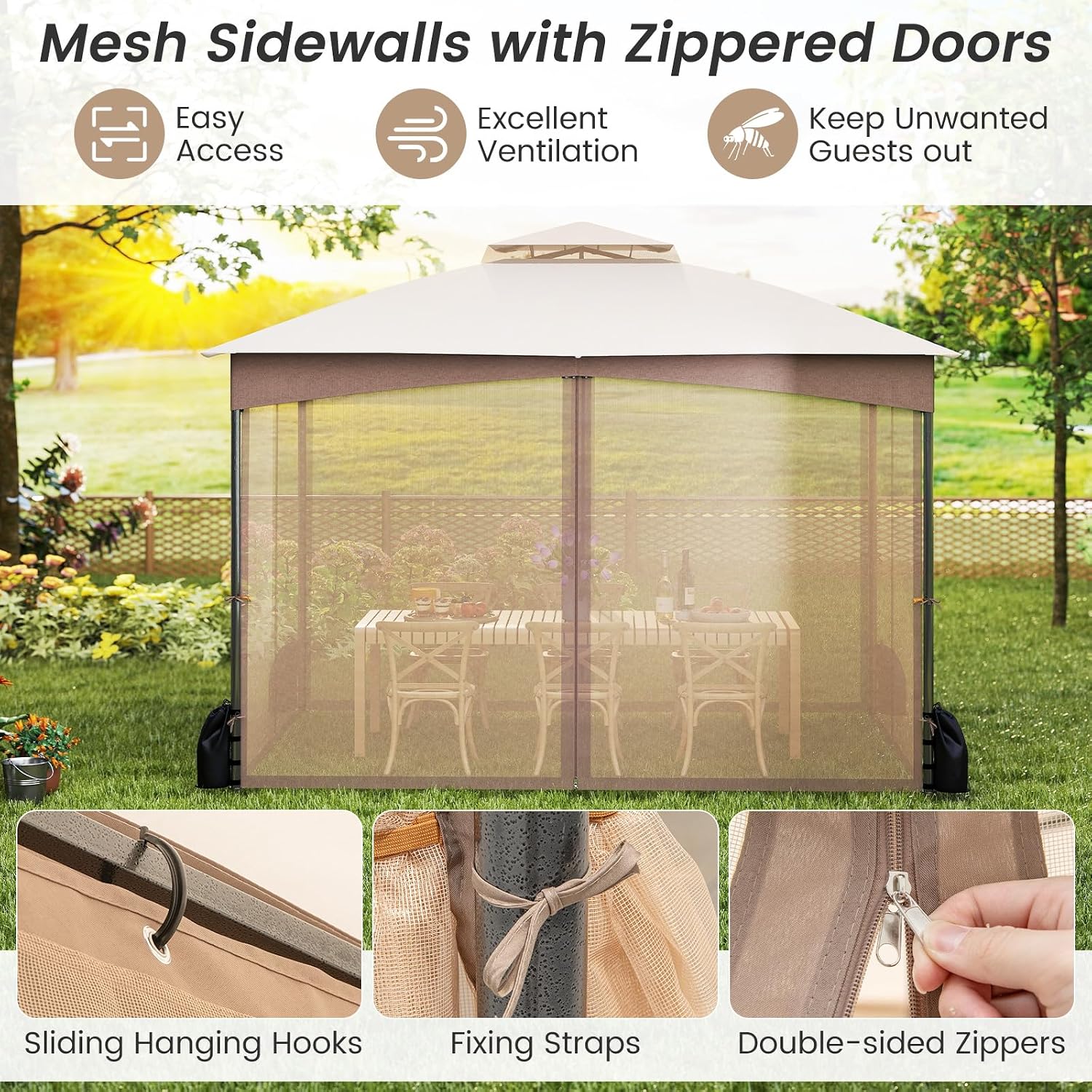 Tangkula 10x12 FT Outdoor Gazebo with Netting, Double Roof Patio Shelter with 4 Sandbags, Zippered Doors, Heavy-Duty Metal Frame, Metal Patio Gazebo for Yard Garden Lawn (Khaki)