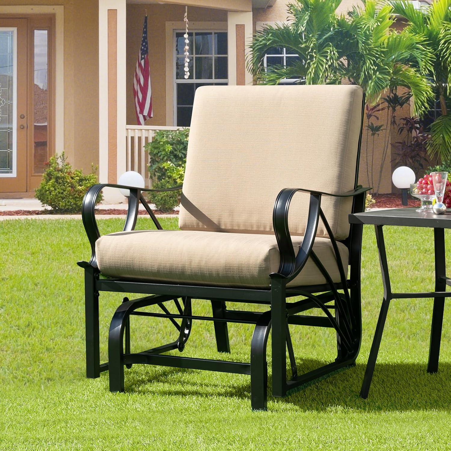 Giantex 2-Pack Outdoor Glider, Patio Rocking Chair with Thick Cushion, Sturdy Metal Frame, Curved Armrest, Ergonomic Design, Single-Person Glider Chair for Garden, Yard, Porch Rocker, Beige