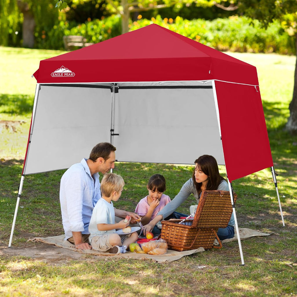 EAGLE PEAK Day Tripper 8x8 Aluminum Super-Lightweight Slant Leg Pop Up Canopy with 3 Removable Walls, Instant Outdoor Backpack Canopy Tent, Outside Beach Folding Sun Shelter, 8x8 Base 6x6 Top, Red