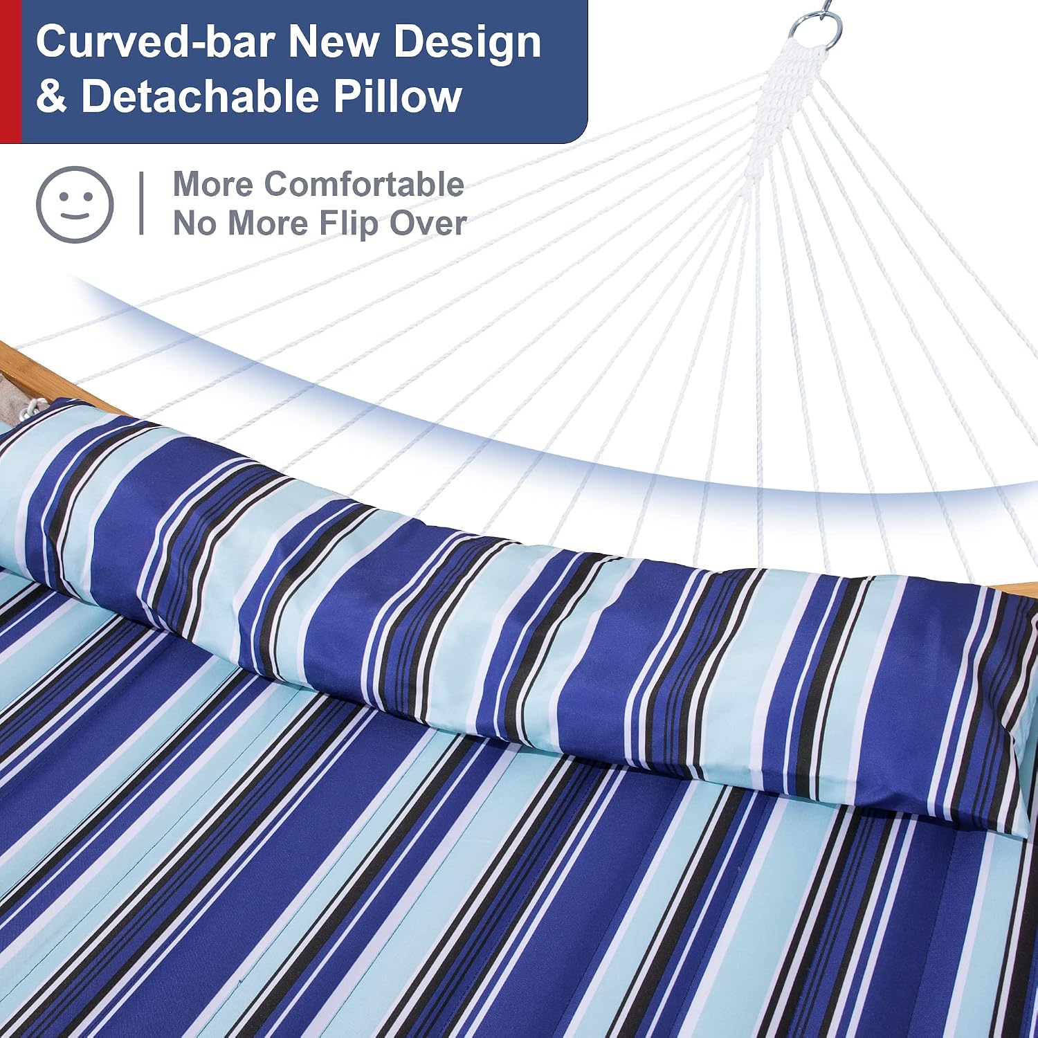 12 Ft Hammock with Stand for Outside, 2 Person Hammock Freestanding with Curved Spreader Bars, Pillow and Portable Bag, Heavy Duty 450 Lbs, Blue Stripes