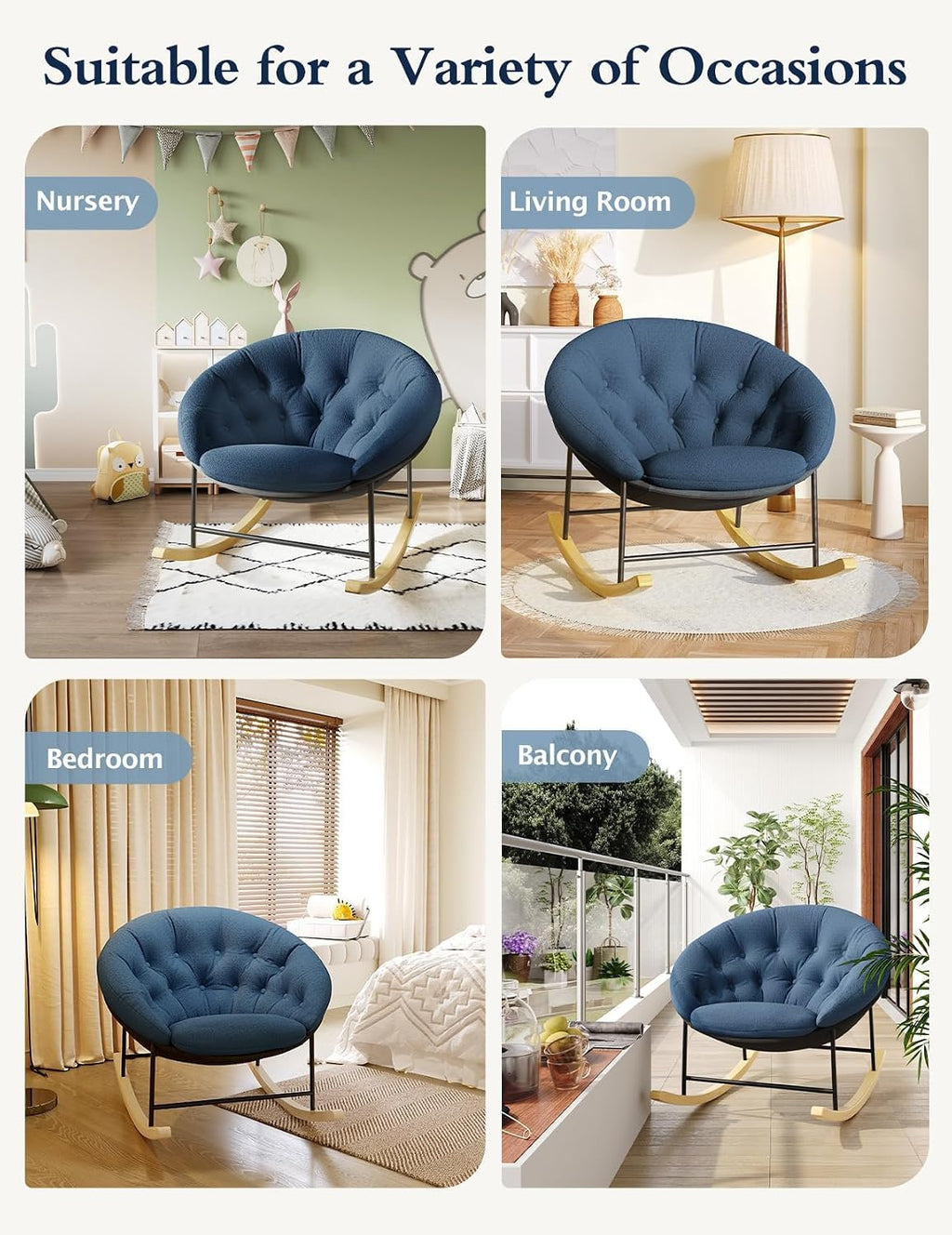 Kidirect Wide Rocking Chair Nursery, Comfy Saucer Nursery Rocking Chairs with Removable Cushion, Indoor Papasan Nursing Chair for Breastfeeding, Mecedora para Adultos for Living Room & Bedroom (Blue)