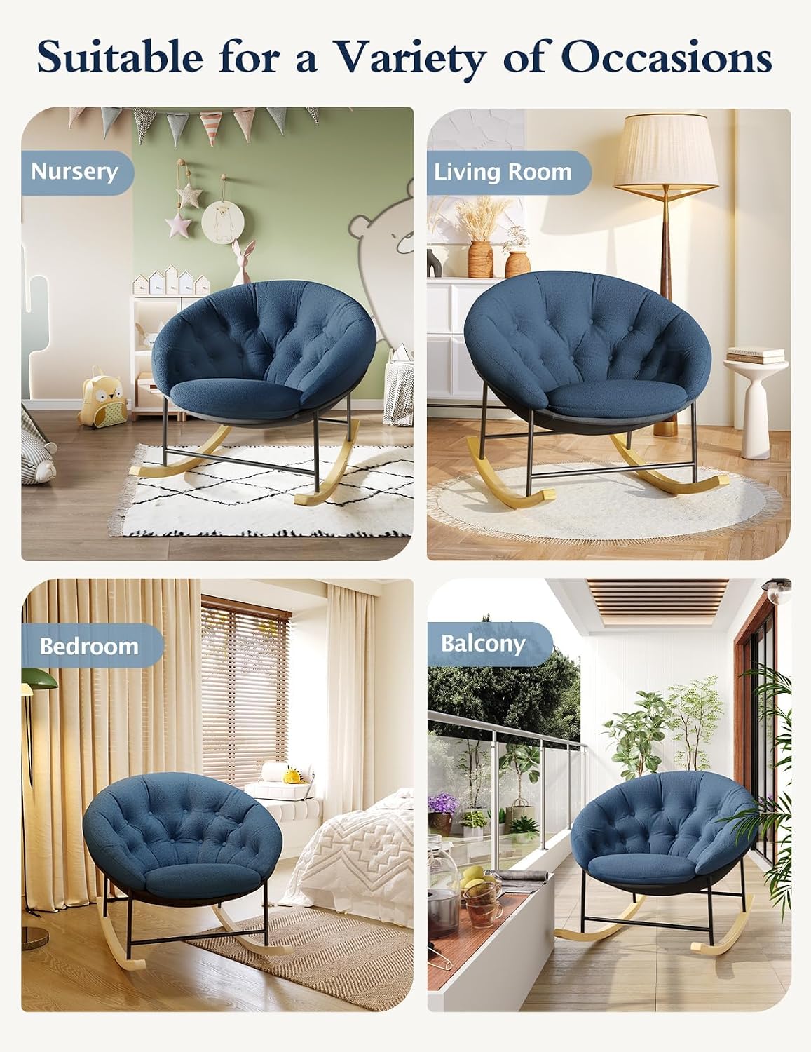 Kidirect Wide Rocking Chair Nursery, Comfy Saucer Nursery Rocking Chairs with Removable Cushion, Indoor Papasan Nursing Chair for Breastfeeding, Mecedora para Adultos for Living Room & Bedroom (Blue)