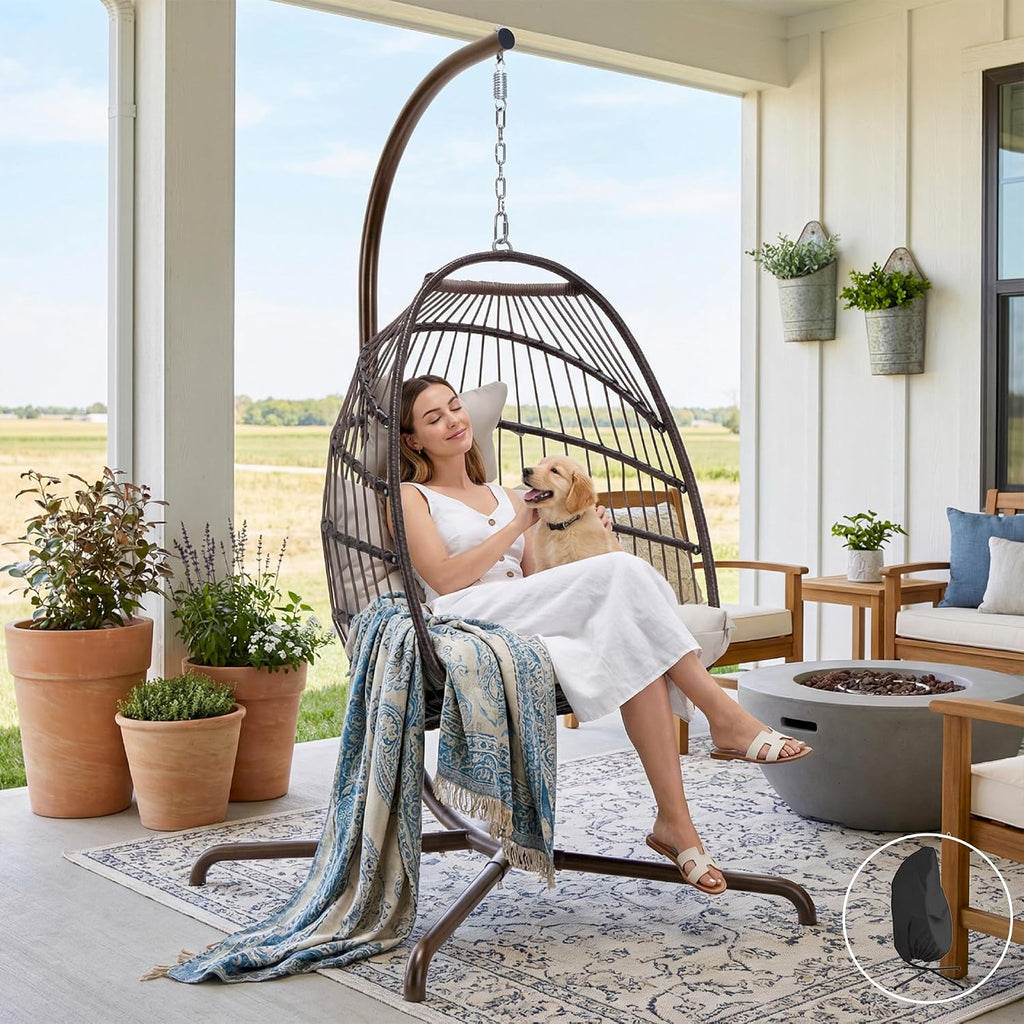 RADIATA Indoor Outdoor Hanging Egg Chair with Stand and Cover, 350Lbs Foldable Rattan Swing Hammock with Padded Cushion, Free-Standing Single Eggshell Basket Seat for Patio Balcony Bedroom, Brown
