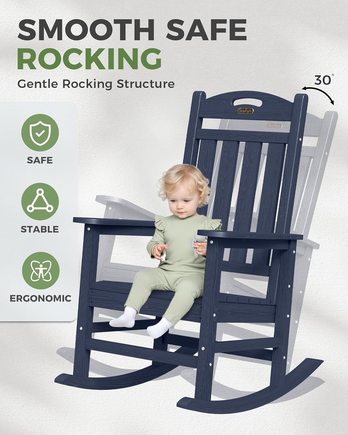 Oversized Outdoor Rocking Chair, High Back Porch Rocker Chair, HDPE All Weather Resistant Rocking Chairs for Patio, 380lbs Weight Capacity, Dark NavyBlue