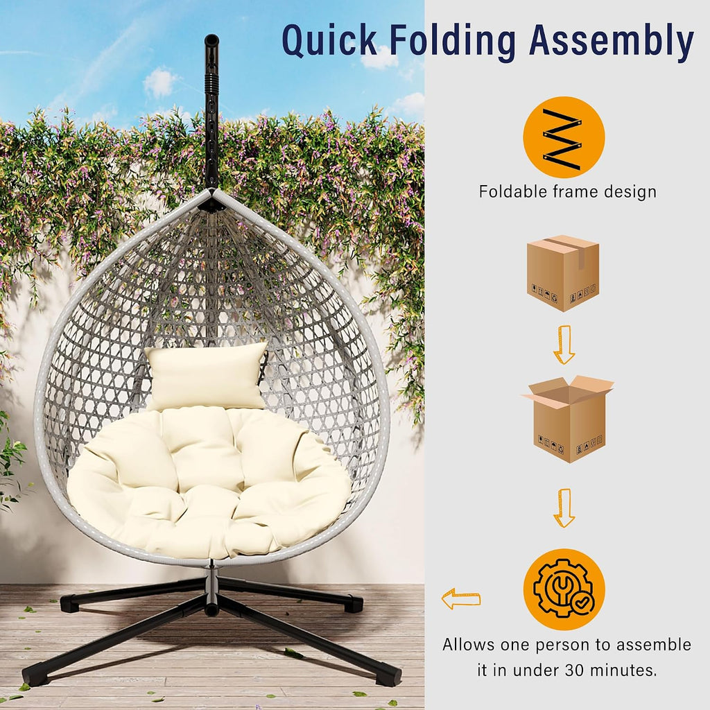 Polibi Hanging Egg Chair with Stand - PE Rattan Indoor Outdoor Swing Chair Heavy Duty 330lbs - Breathable Hollowed Design & Adjustable Headrest - Patio Balcony Garden Lounger,Gray+Beige