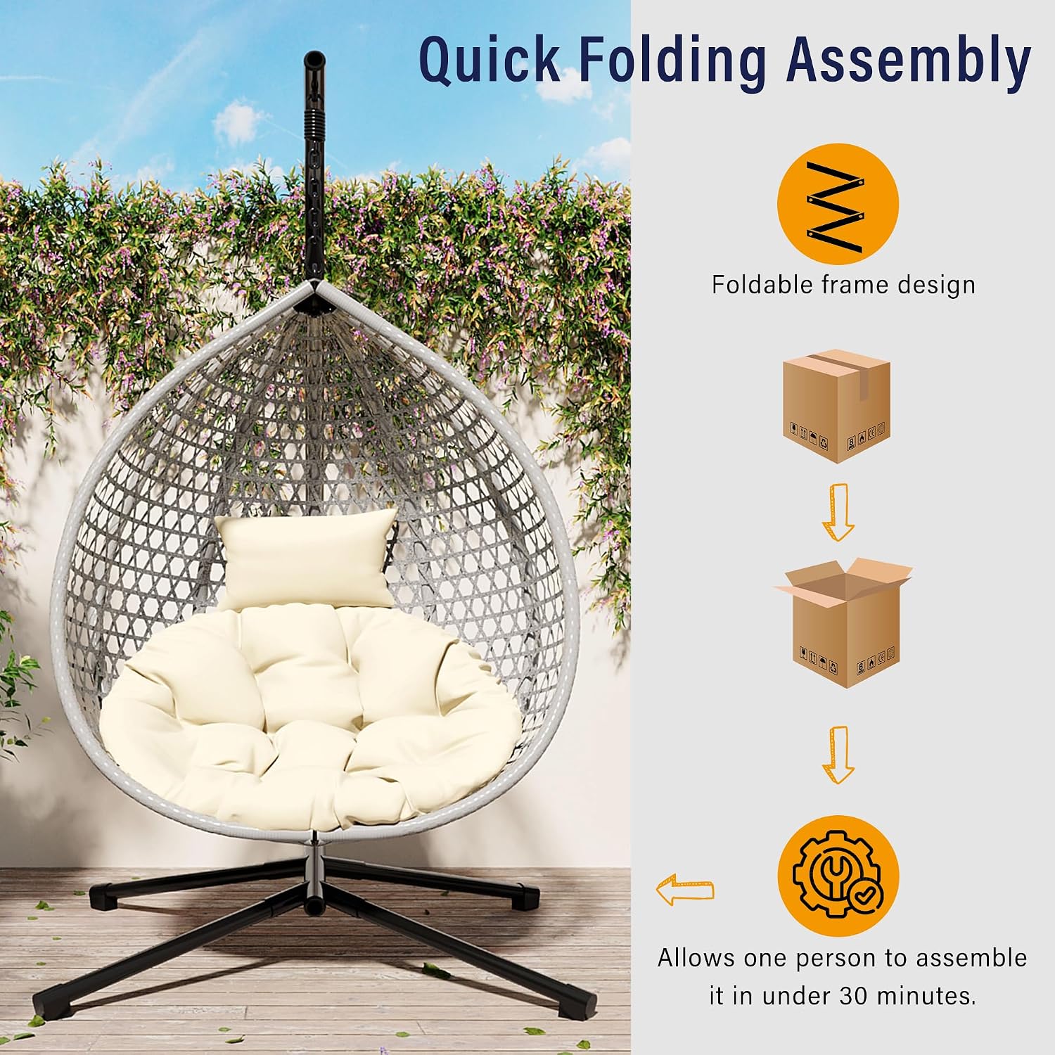 Polibi Hanging Egg Chair with Stand - PE Rattan Indoor Outdoor Swing Chair Heavy Duty 330lbs - Breathable Hollowed Design & Adjustable Headrest - Patio Balcony Garden Lounger,Gray+Beige