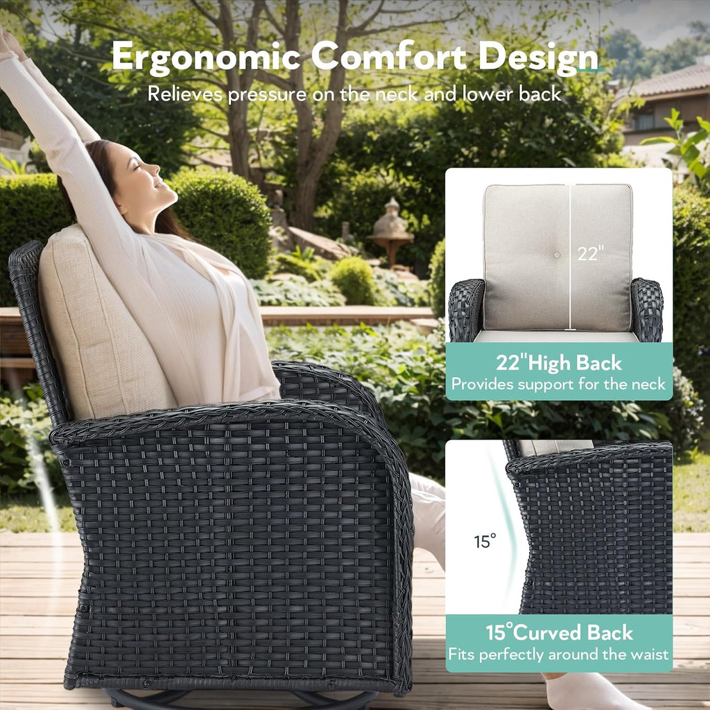 Outdoor Swivel Glider Rocker Chairs Set- 5 Piece Patio Furniture Set, Patio Bistro Sets with Tempered Glass Side Table and 2 Ottoman, for Balcony, Porch - Black Wicker Beige Cushion