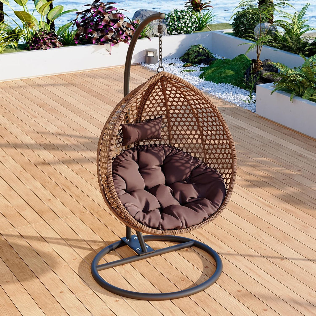 Egg Swing Chair Outdoor with Stand, Hanging Egg Rattan Basket Chair with Cushion and Pillow, Swinging Egg Chair, Foldable Basket and Metal Stand for Porch, Patio, Bedroom, Balcony,Yard (Brown)