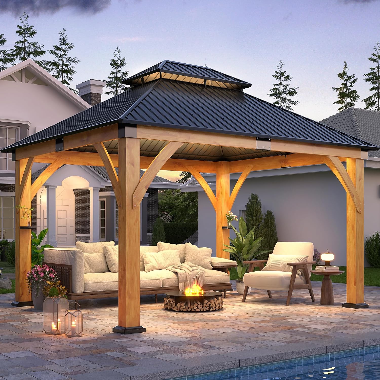 COVERONICS 11FT x 13FT Outdoor Spruce Wood Gazebo - Patio Wooden Frame Gazebo with Galvanized Steel Double Roof, Heavy-Duty Hardtop Gazebos for Garden, Poolside, Deck, Backyard
