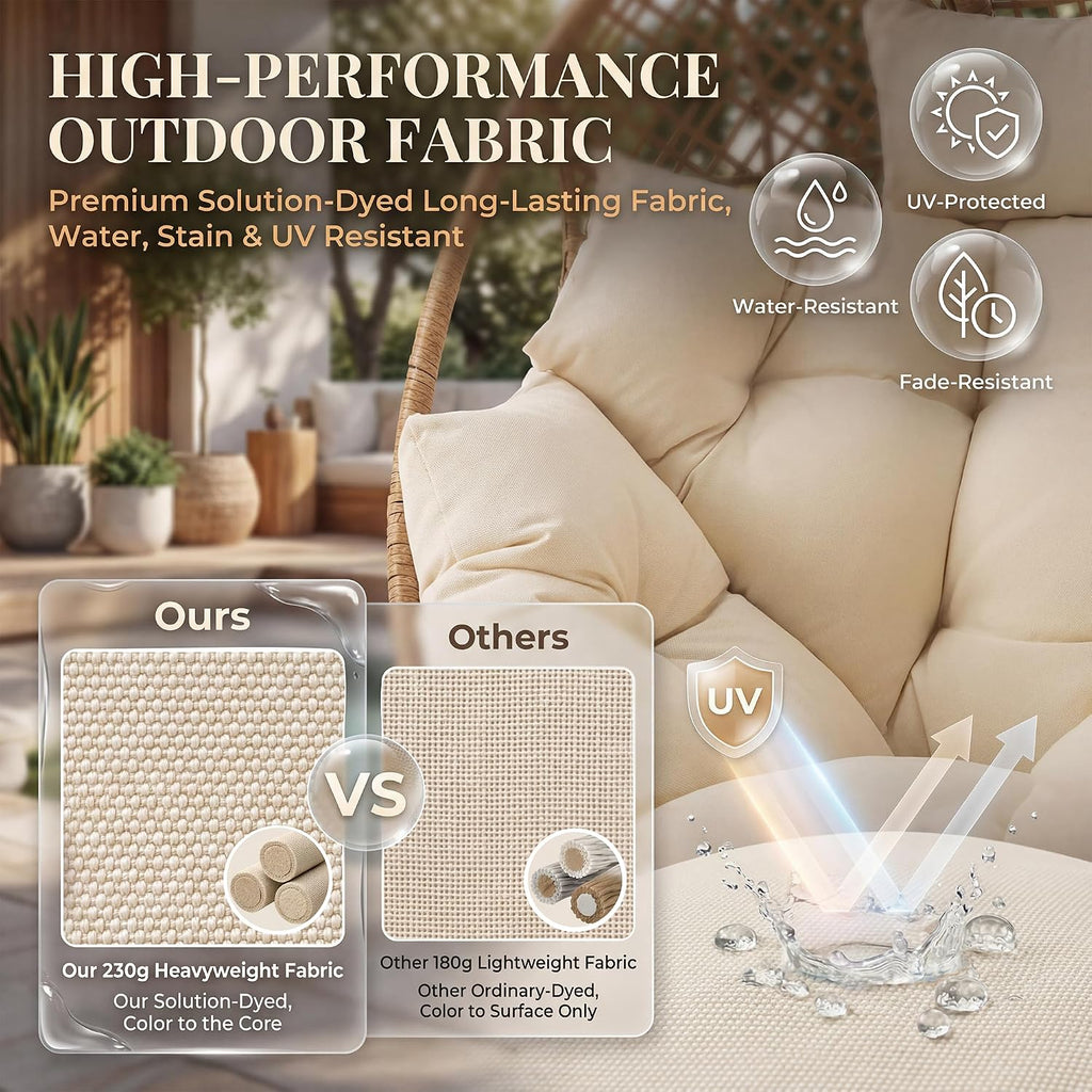 NICESOUL® Indoor Outdoor Egg Chair w/Ottoman, Huge Extra Large Eggshell Papasan Chair w/Cushion, Water & UV-Resistant Patio Lounge Chair w/Cover, Outside Reading Chair for Backyard, Porch, Beige