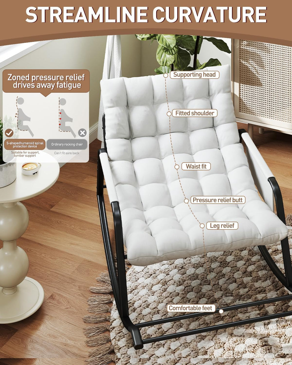 Oversized Indoor Rocking Chair, Plush Papasan Chair with Comfy Padded Cushions & Side Pocket, for Patio Garden, Porch, Lounge, Outdoor, Beige