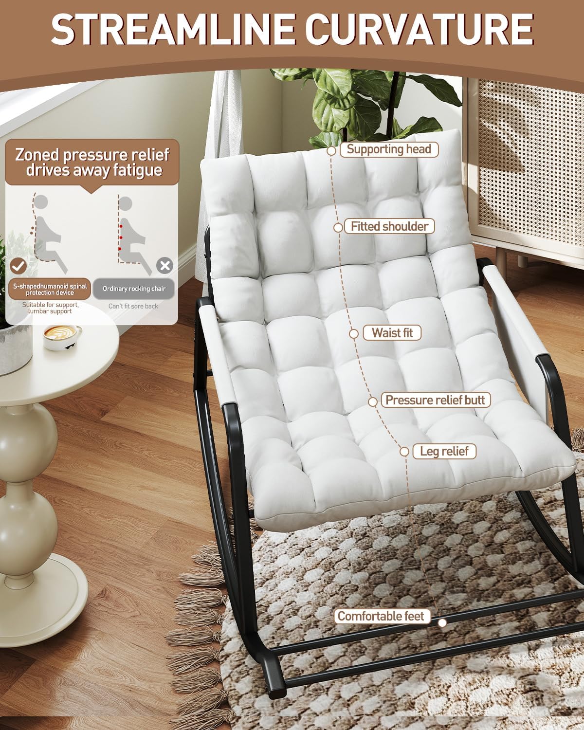 Oversized Indoor Rocking Chair, Plush Papasan Chair with Comfy Padded Cushions & Side Pocket, for Patio Garden, Porch, Lounge, Outdoor, Beige