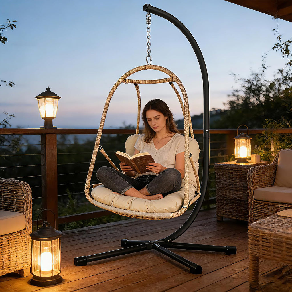 JESE Swing Egg Chair with Stand – UV Resistant Waterproof Cushion & Cup Holder Included, Indoor/Outdoor Hanging Hammock Chair for Patio, Bedroom, Balcony, Garden (Khaki)