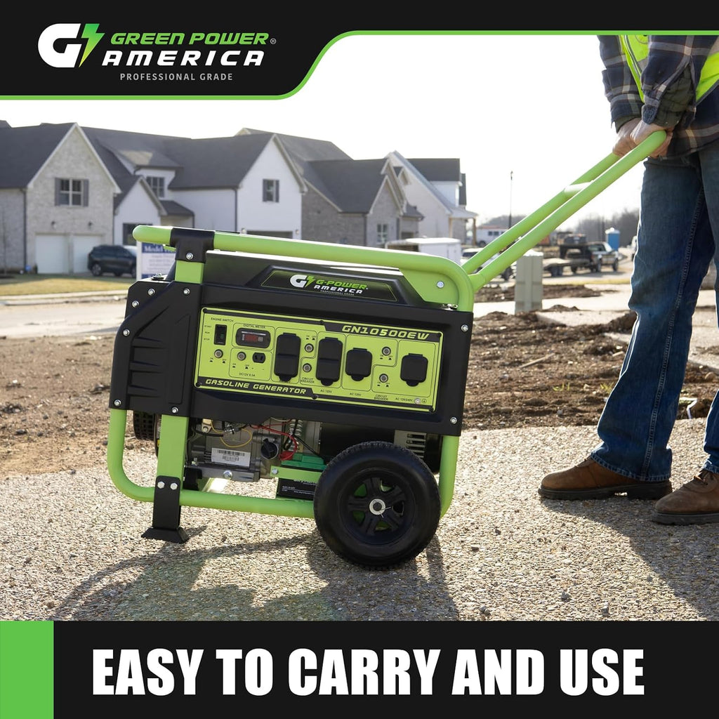 Green-Power America 10500 Watt Gasoline Powered Generator, Electric & Recoil Start, 120V/240V, 12V/8.3A Outlet, Whole House Backup, RV & Job Site Ready, EPA Approved