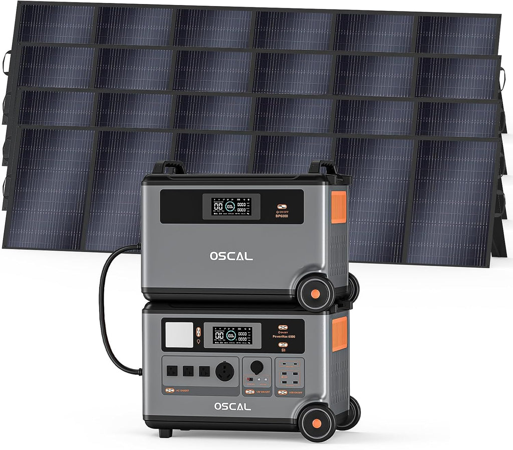 OSCAL 7200Wh Portable Power Station PowerMax 6000 with 4x500W Solar Panel, 120/240V Solar Generator, Max 6000W AC Outlets (9000W Peak), LiFePO4 Battery Power Station for Home, Camping, RV, Emergency
