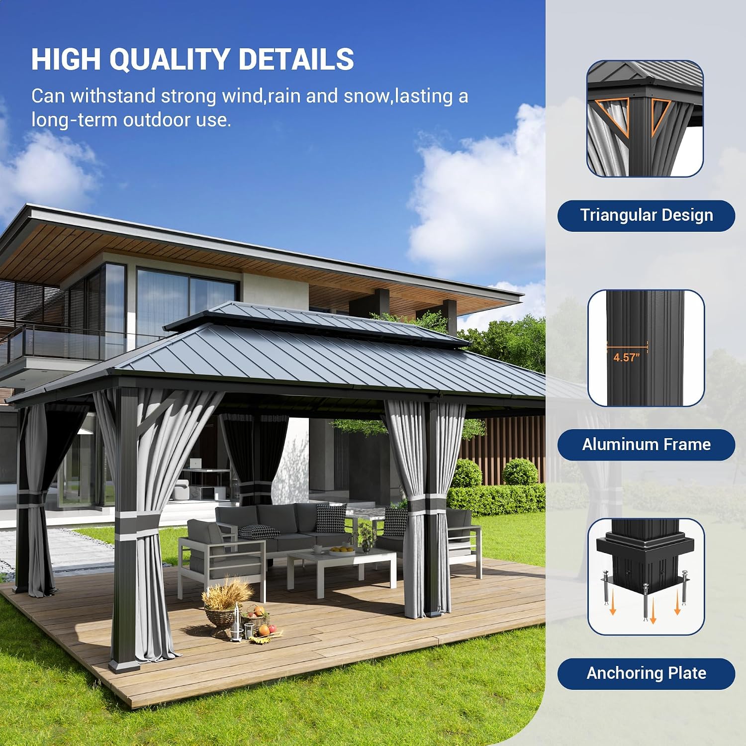 Amopatio 12' X 20' Permanent Hardtop Gazebo Aluminum Gazebo with Double Galvanized Steel Roof, Curtains and Netting Included,Outdoor Permanent Metal Pergola