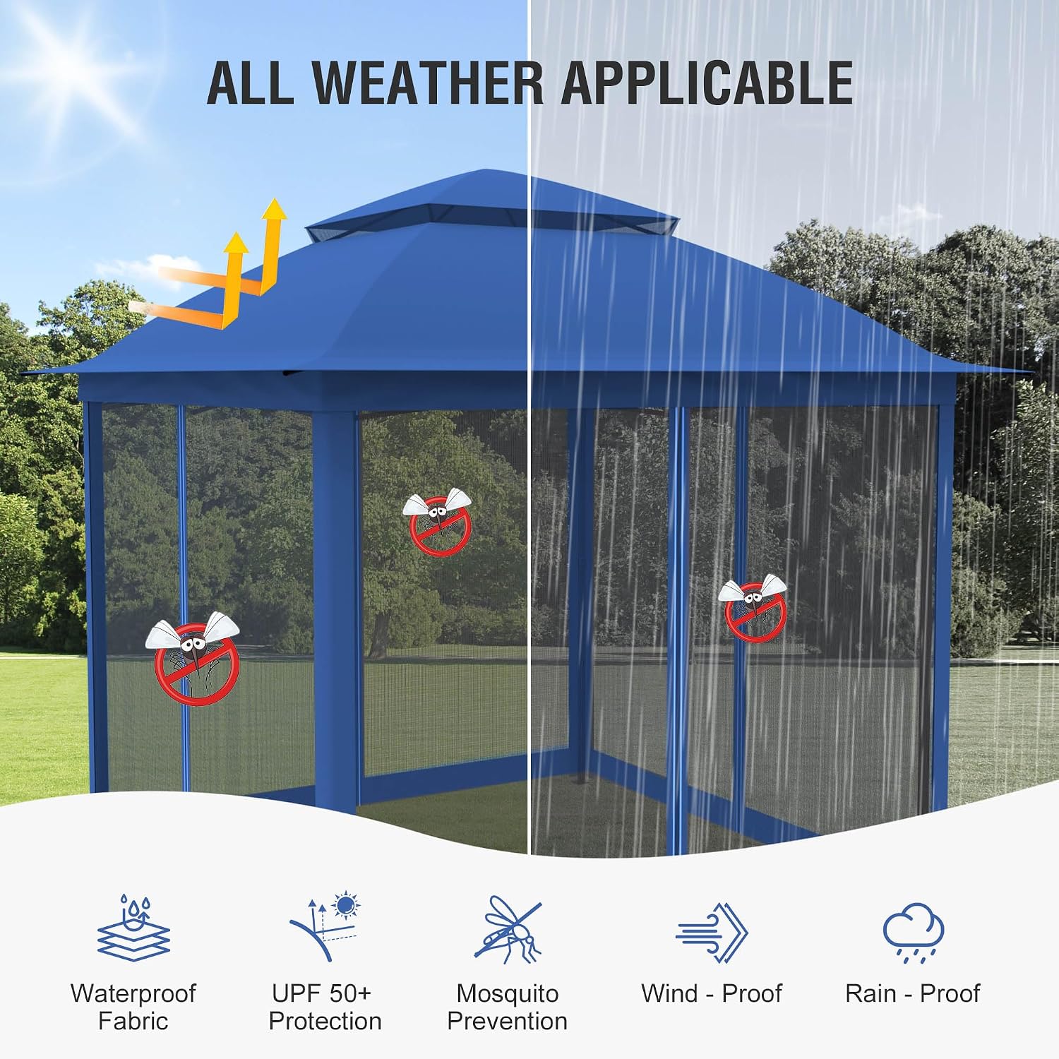 Pop Up Gazebo 11x11, Outdoor Instant Canopy Shelter Tent with Mosquito Netting Metal Frame Storage Bag for Patio Garden Backyard.(Dark Blue) (Dark Blue)