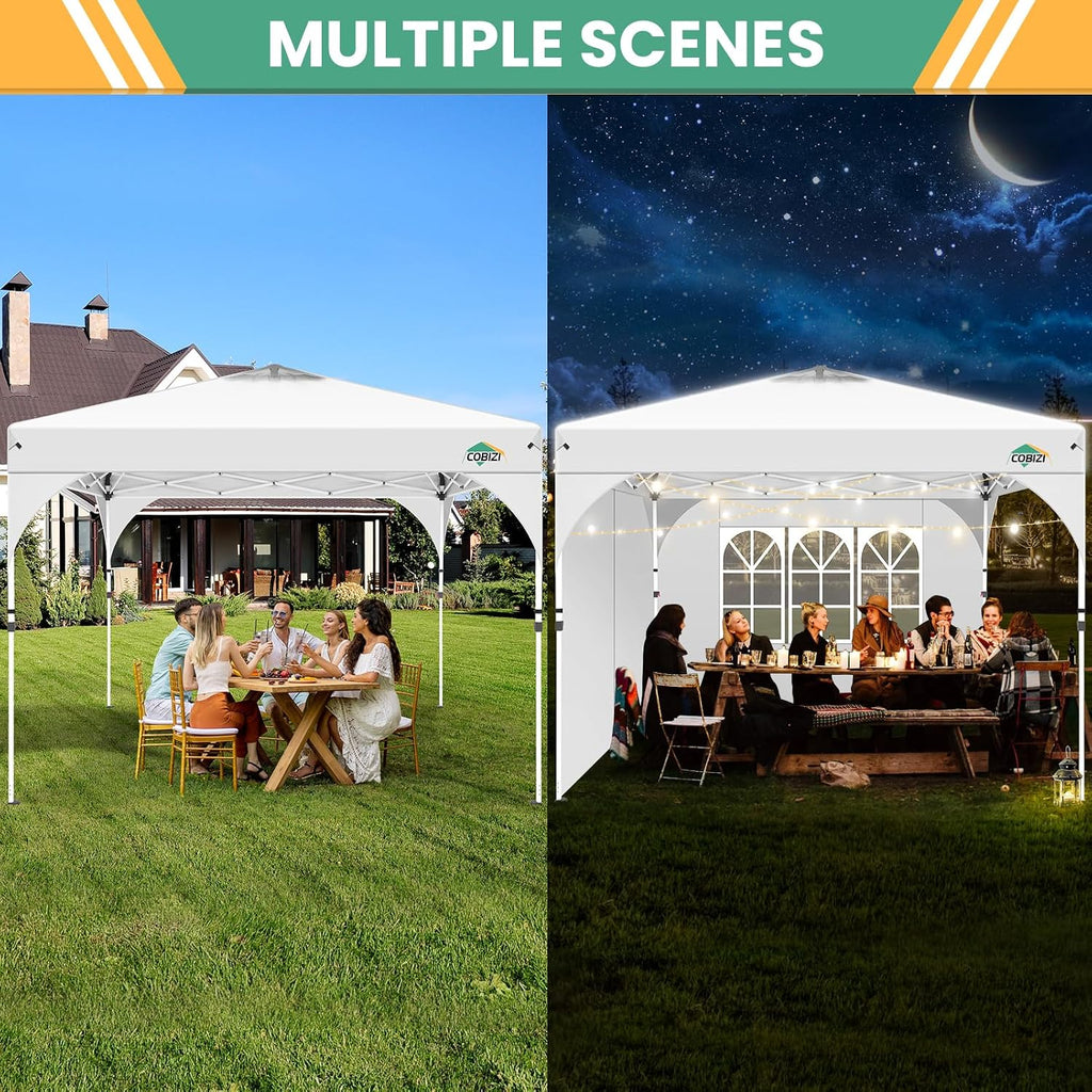 COBIZI 10x10 Pop Up Canopy Tent, Outdoor Party Tent with 3 Sidewalls, 1 Person Easy Set up, Tents for Parties with Fluorescent Strip & 4 Sandbags, Waterproof UPF50+, 3 Adjustable Height, White