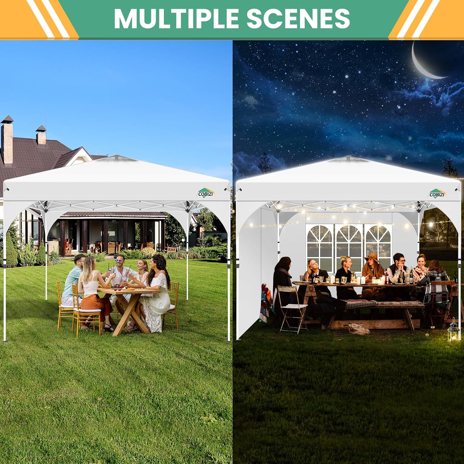 COBIZI 10x10 Pop Up Canopy Tent, Outdoor Party Tent with 3 Sidewalls, 1 Person Easy Set up, Tents for Parties with Fluorescent Strip & 4 Sandbags, Waterproof UPF50+, 3 Adjustable Height, White