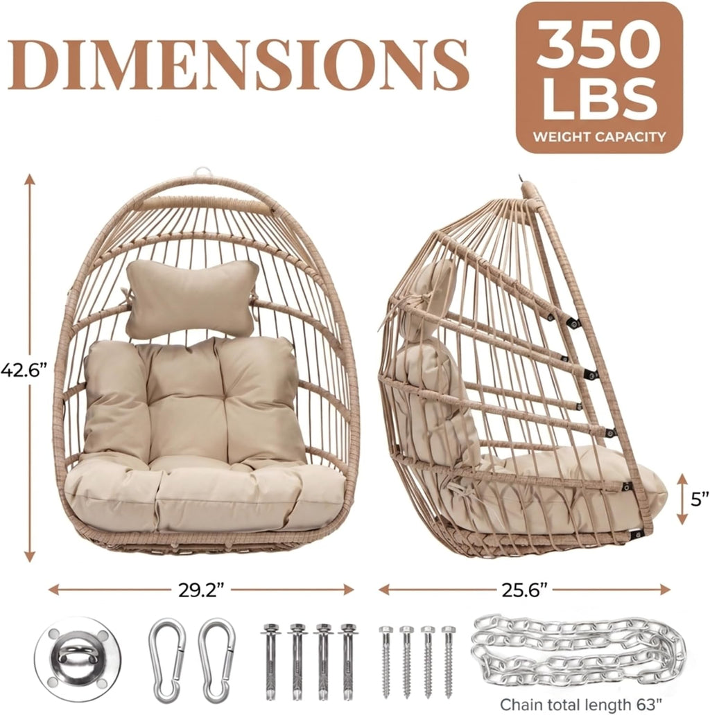 NICESOUL Egg Chair Without Stand Indoor Outdoor, Comfy Patio Wicker Hanging Chair with Cushion, 350lbs Swing Hammock Egg Basket Chairs, All Weather Ceiling/Tree Chairs for Balcony, Beige No Stand