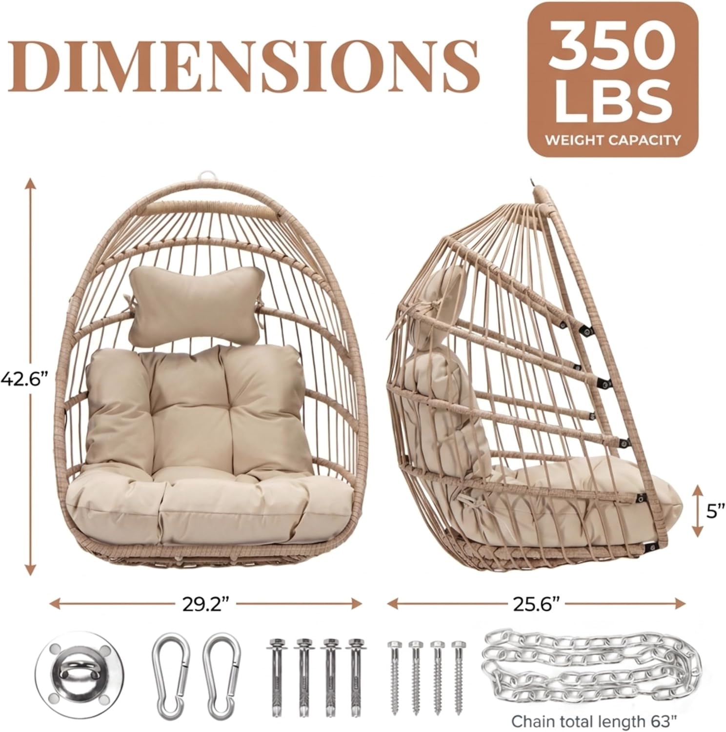 Nicesoul Outdoor Hanging Egg Chair Without Stand, Patio Wicker Swing Egg Basket Chairs with Padded Cushion, 350 Lbs Comfy Cozy Ceiling Tree Swinging Egg-Shaped Chair No Stand for Indoor Balcony, Beige