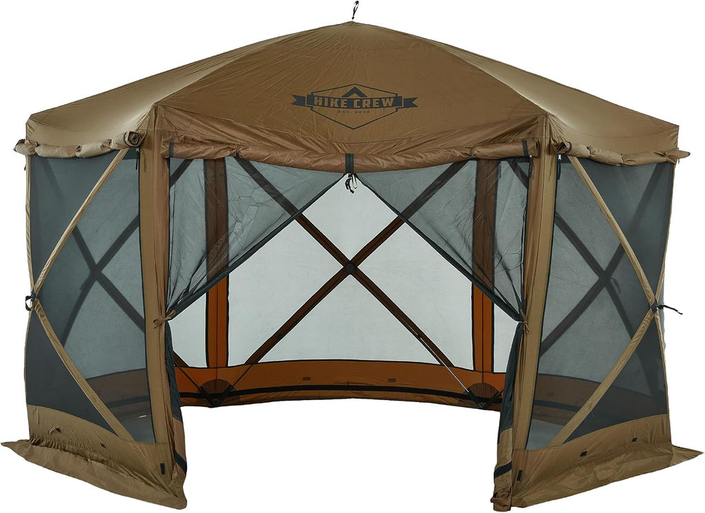 Hike Crew 12'x12' Pop-Up Gazebo Screen Tent | 6-Sided Outdoor Canopy Shelter w/Built-in Zippered Wind Panels, Built-in Awning, Stakes, Ropes & Carry Bag for Camping & Sports | UV Resistant SPF 50+