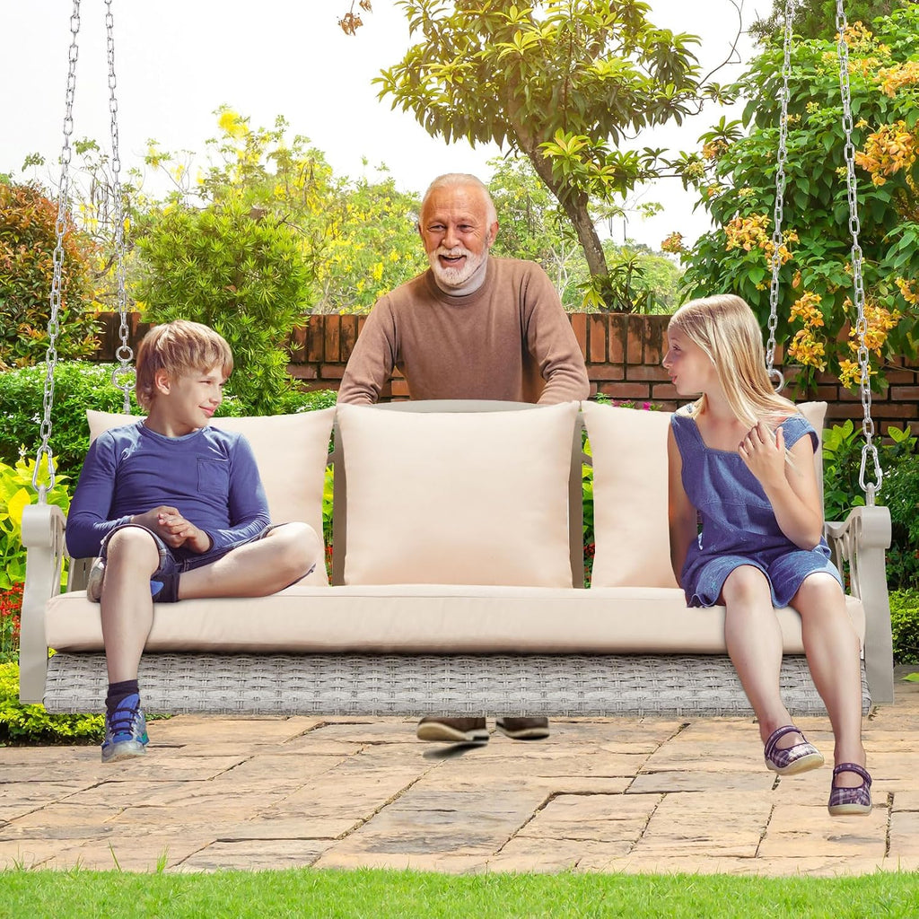 ZZW 3-Person Wicker Porch Swing Chair Heavy Duty 900 LBS Outdoor Rattan Patio Swing Chair w/Cup-Holder & Steel Chains Hanging Bench Porch Swing Cushions for Deck & Backyard & Garden