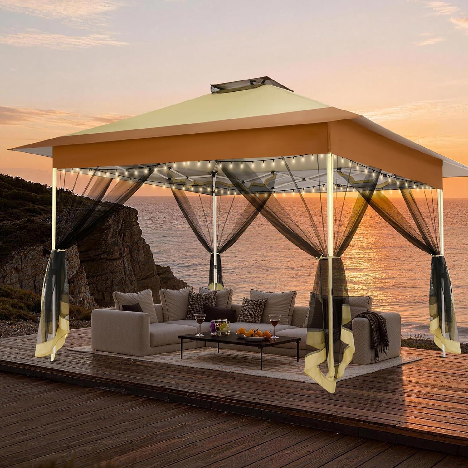 C0BIZI Gazebo 10x15 Pop up Canopy,Gazebos on Clearance-Canopy Tent with Mosquito Netting for Lawn,Garden,Backyard & Patio-Outdoor Tent-Water Resistant and UPF50+ (Khaki)
