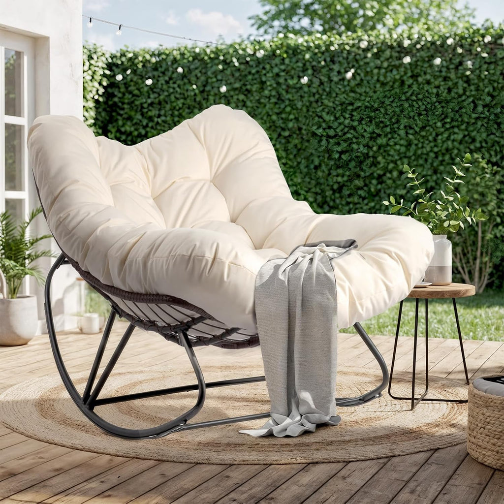 VINGLI Papasan Rocking Chair Outdoor, Patio Rocking Chair with Cushion, Comfortable Lounge Chair Weatherproof for Garden, Yard, Outdoor/Indoor, Beige