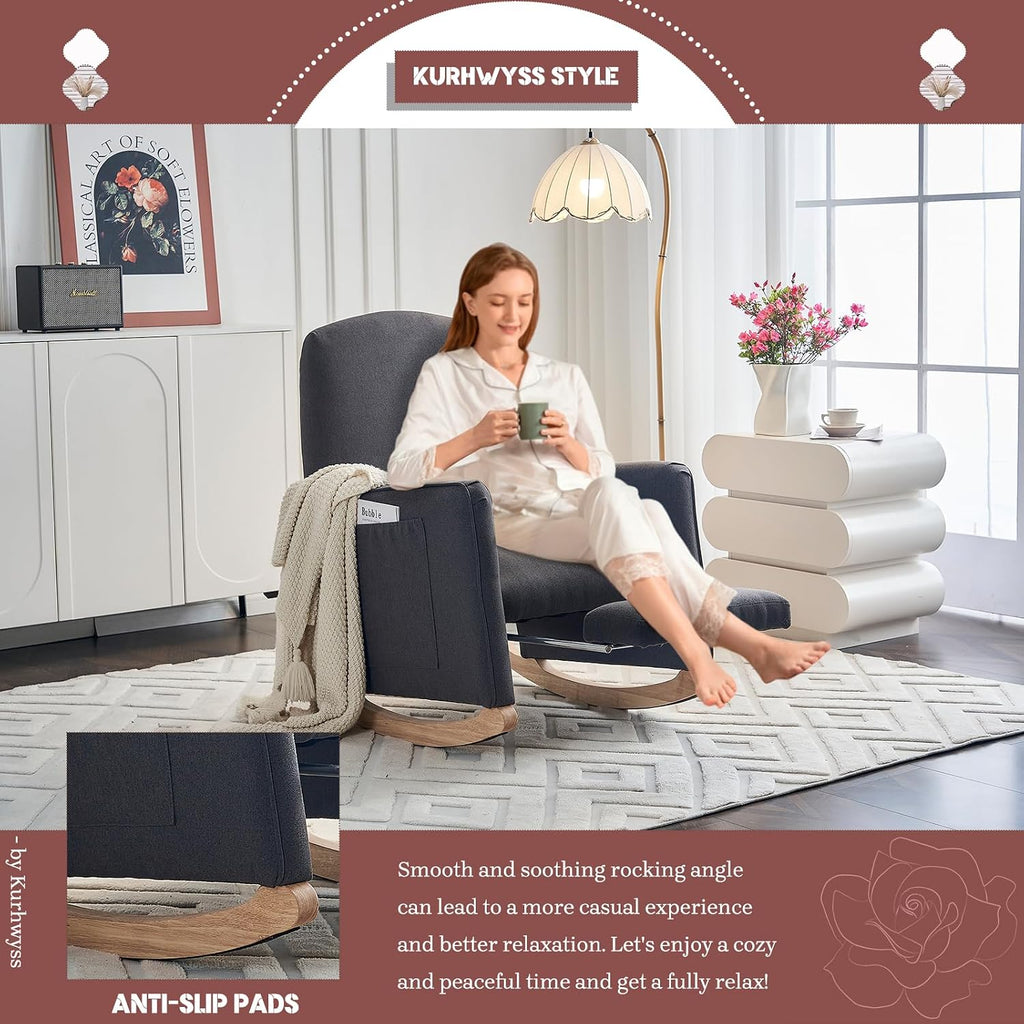 Modern Rocking Chair Nursery, Comfy Glider Nursery Chair with Foot Rest, Upholstered Rocker with Pocket, Accent Reading Armchair with Solid Wood Base for Living Room, Bedroom, Lounge Room (Dark Gray)