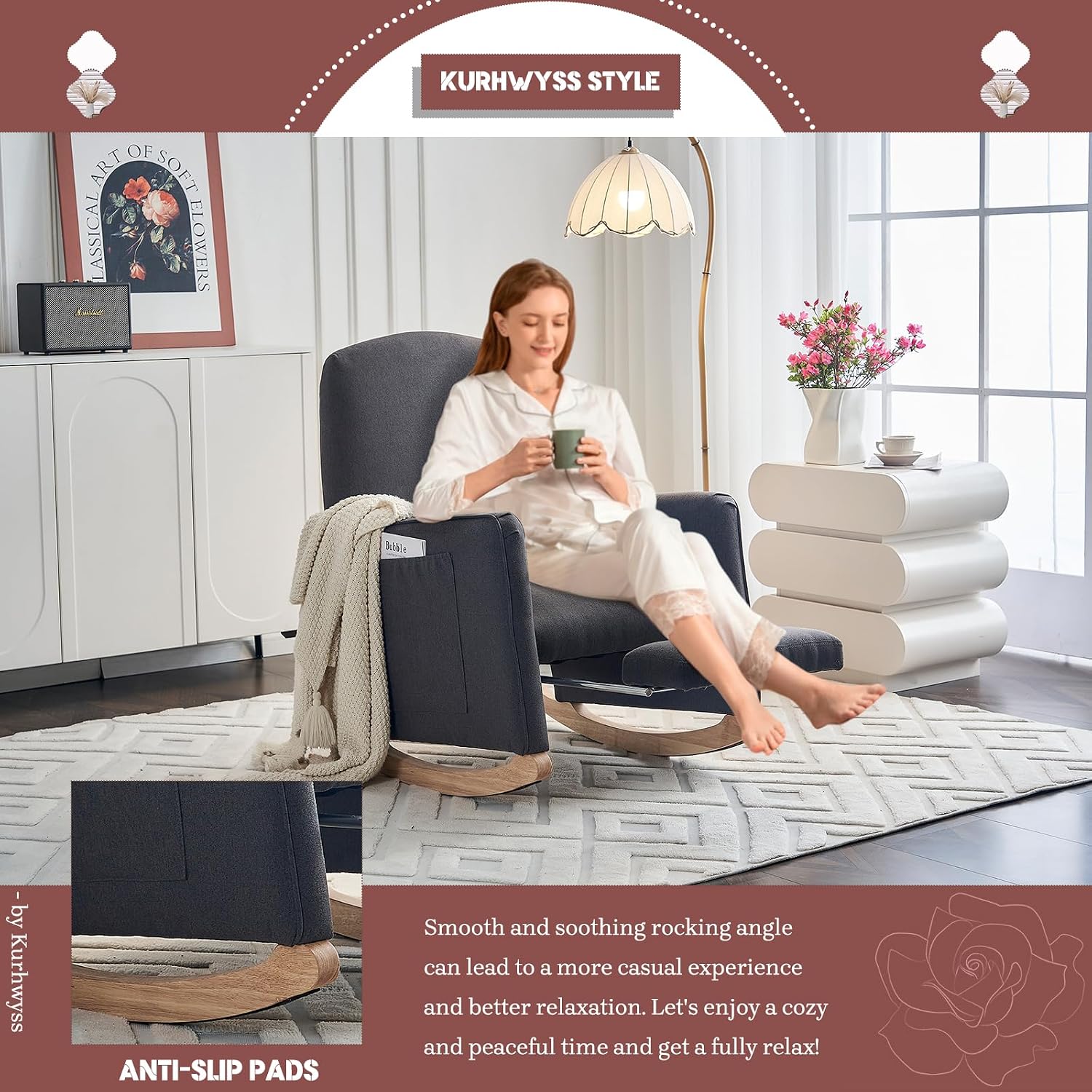Modern Rocking Chair Nursery, Comfy Glider Nursery Chair with Foot Rest, Upholstered Rocker with Pocket, Accent Reading Armchair with Solid Wood Base for Living Room, Bedroom, Lounge Room (Dark Gray)