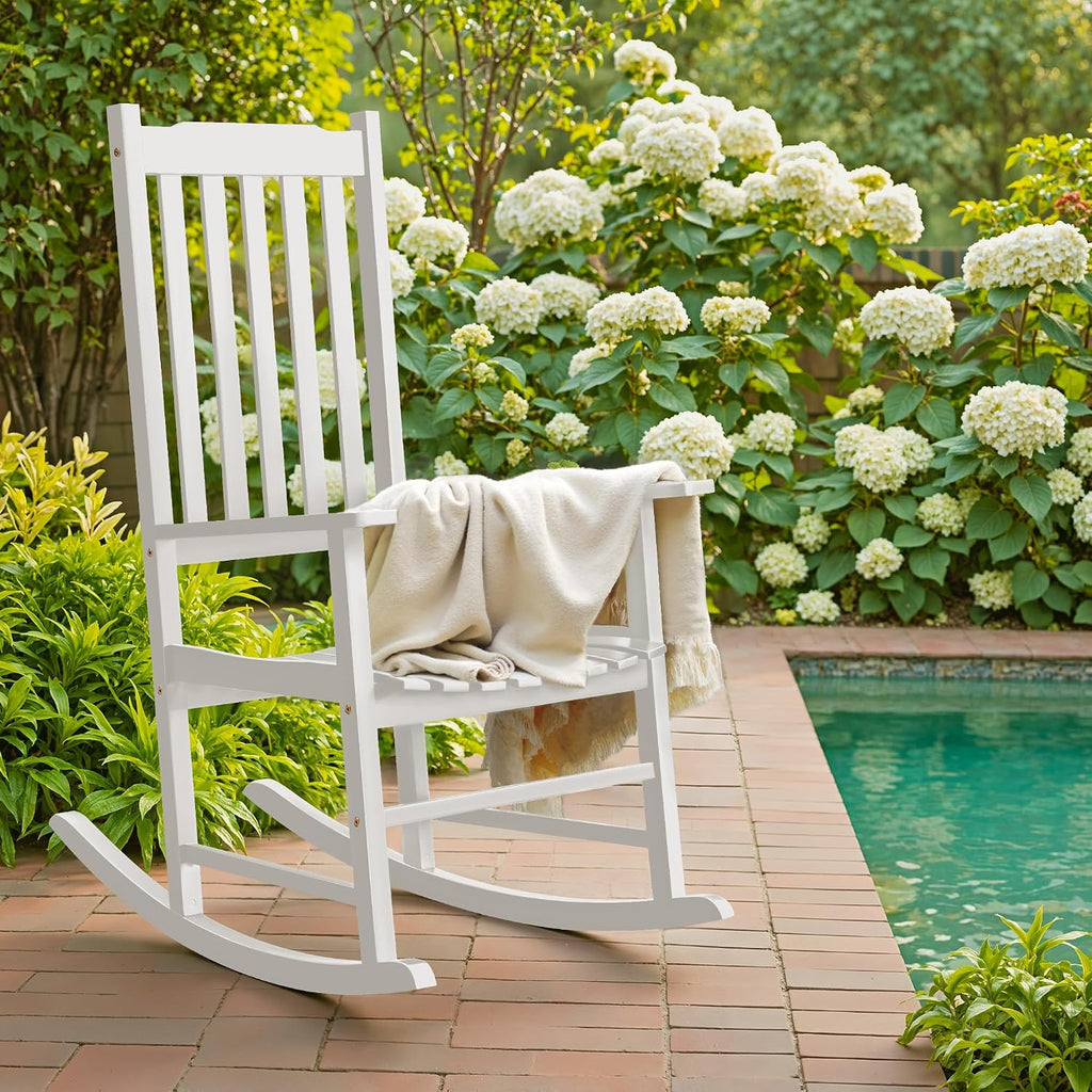 Flamaker Outdoor Rocking Chair Oversized Wooden Patio Chairs with Widened Armrest High Back Porch Rocker for Lawn, Garden, Backyard, Fire Pit (White)