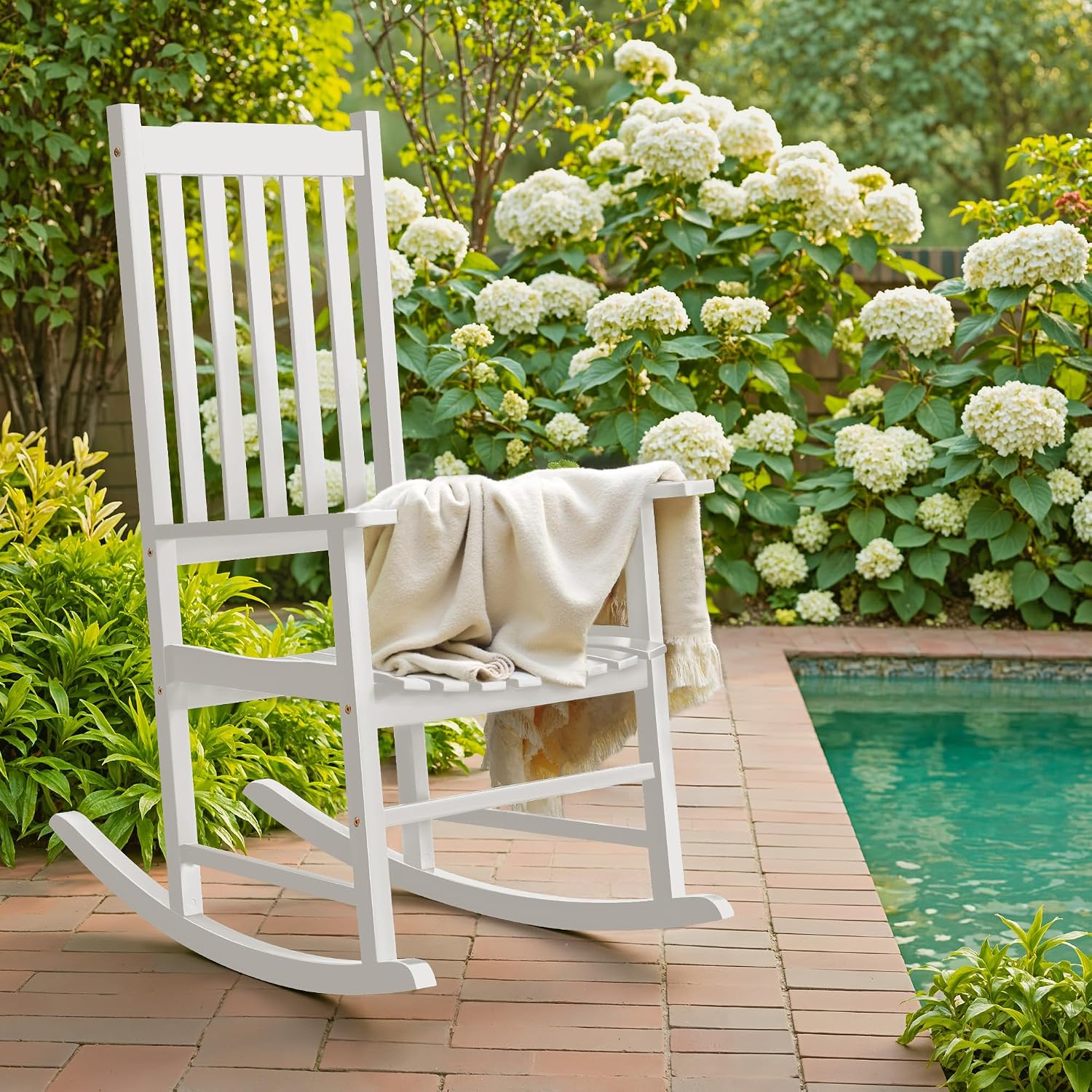 Flamaker Outdoor Rocking Chair Oversized Wooden Patio Chairs with Widened Armrest High Back Porch Rocker for Lawn, Garden, Backyard, Fire Pit (White)