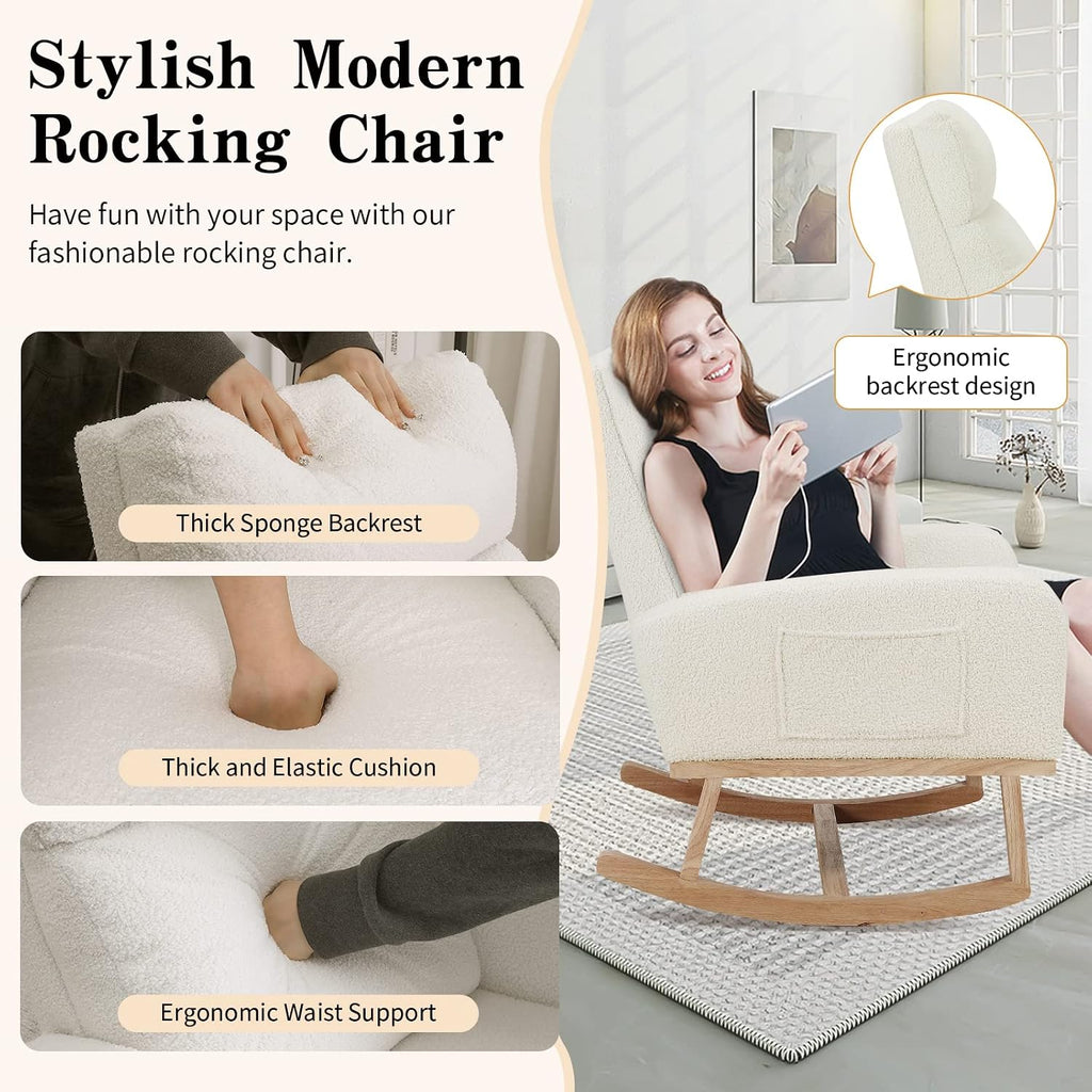 HCHAIRH Rocking Chair Nursery, Sherpa Nursing Rocking Armchair for Mom Nursery Morden Rocker Chair with High Backrest for Living Room,Bedroom,Teddy White