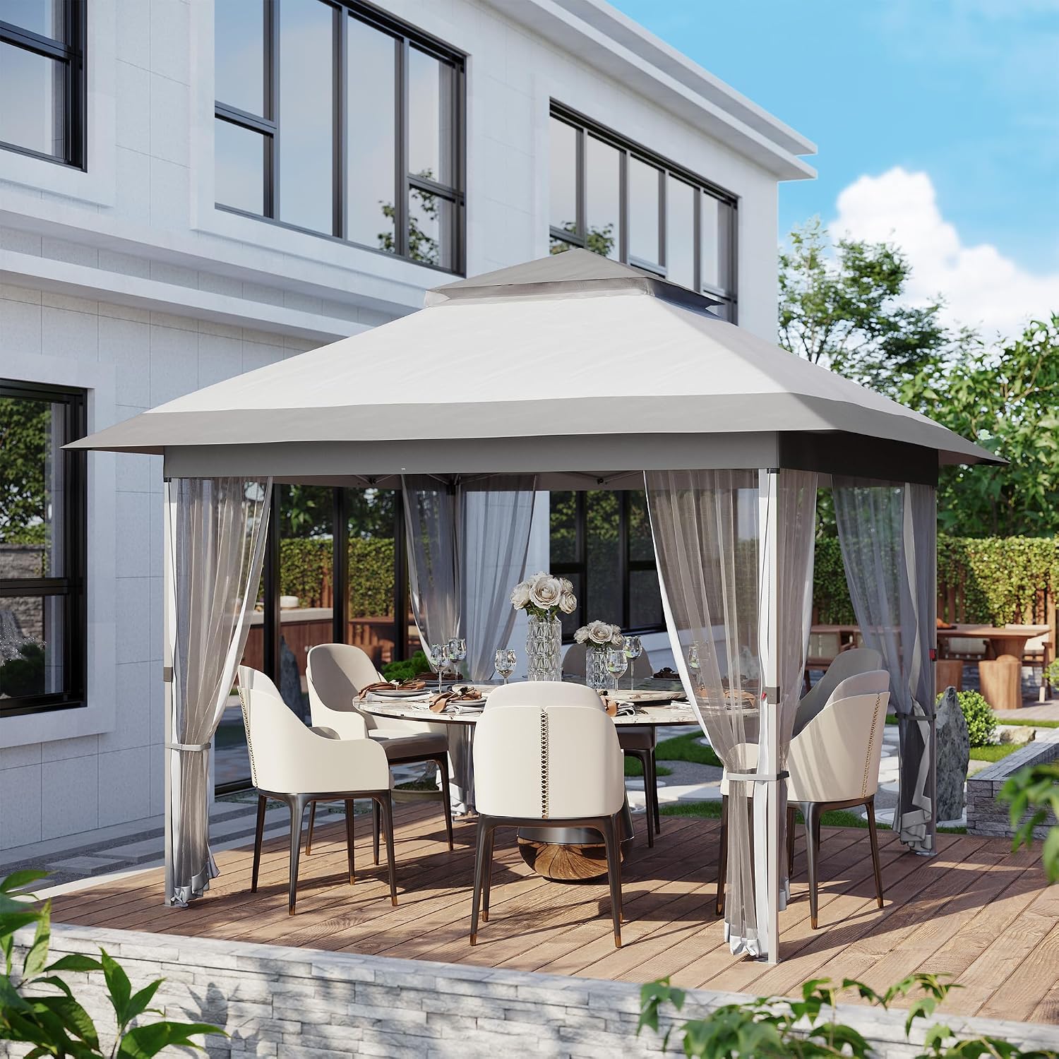 GarveeLife 10x10 Canopy Tent, Pop Up Gazebo Tent with Mosquito Netting, Outdoor Canopy with 4 Sandbags & Wheeled Bag & Height Adjustable, Pop Up Gazebo for Patio Garden Backyard Lawn Deck